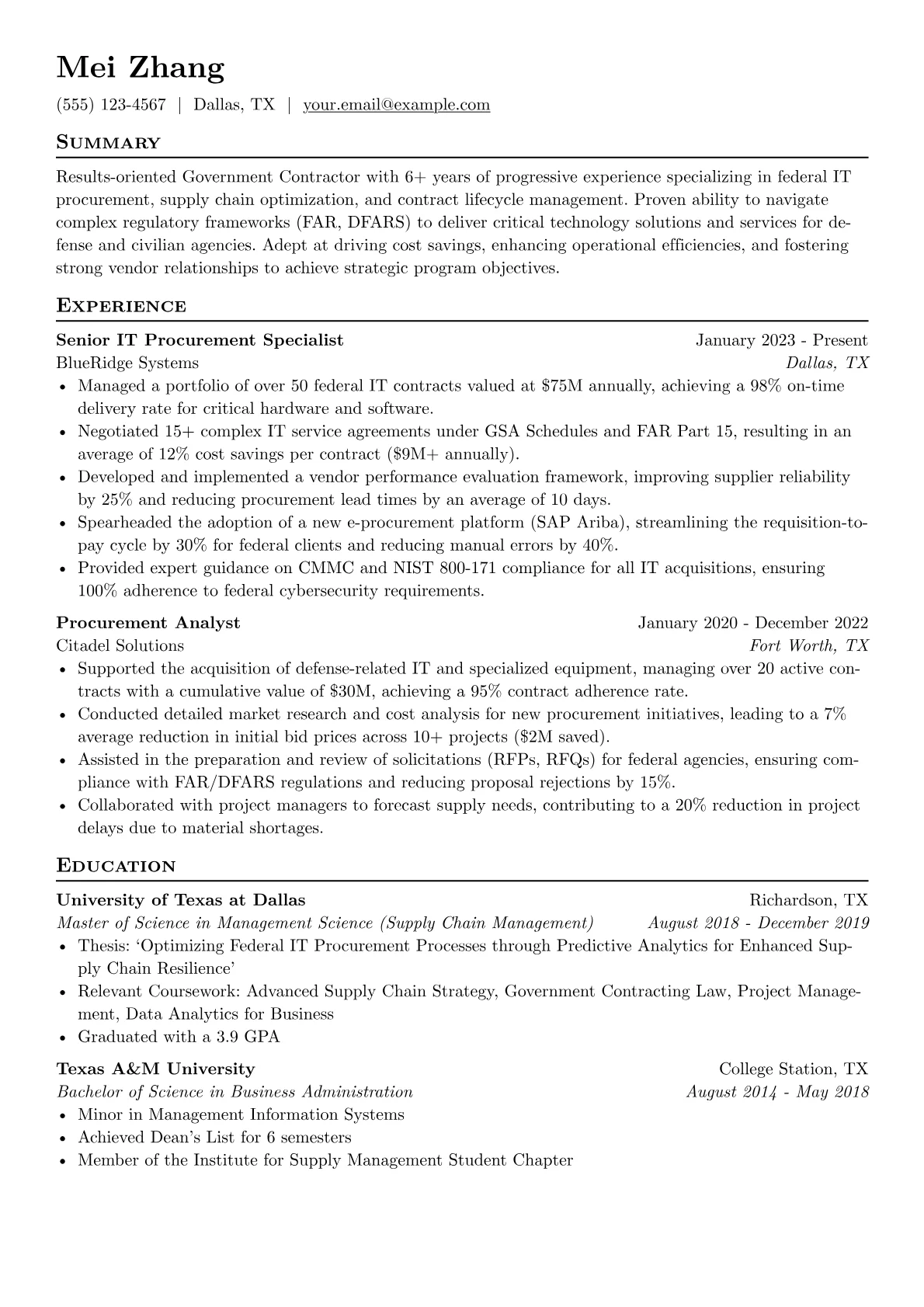 Government Contractor resume example, Government Contractor, page 1