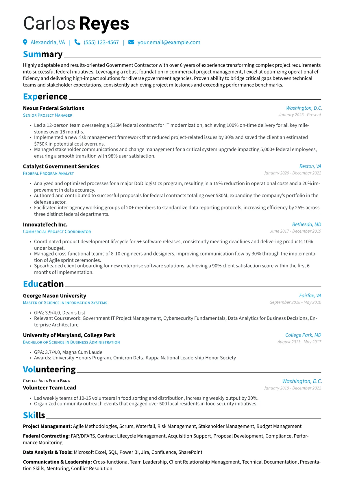 Government Contractor resume example, Career changer, page 1