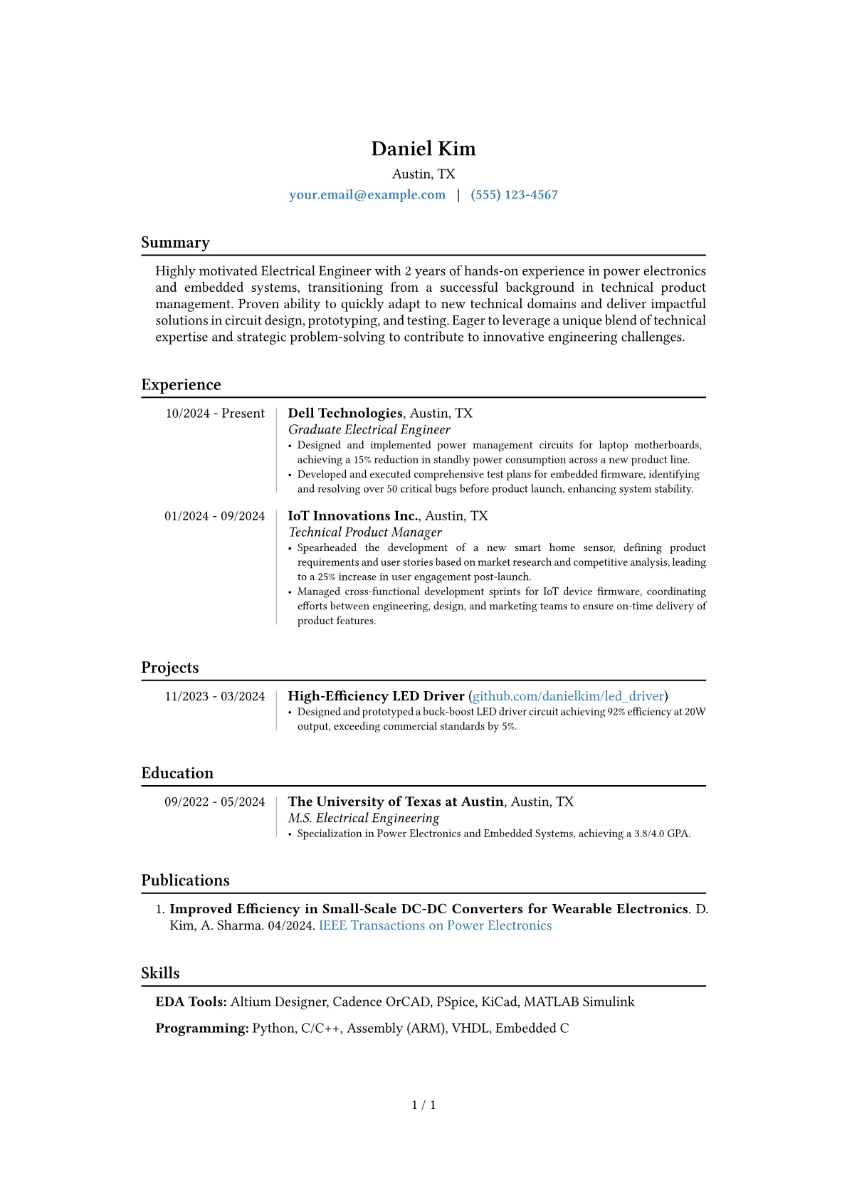 Graduate Electrical Engineer resume example, Career changer, page 1