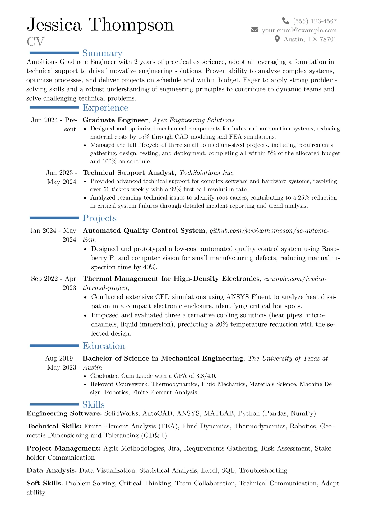 Graduate Engineer resume example, Career changer, page 1