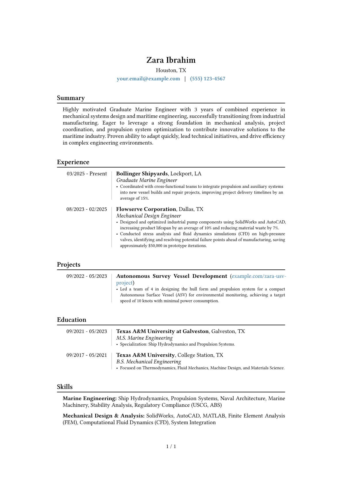 Graduate Marine Engineer resume example, Career changer, page 1