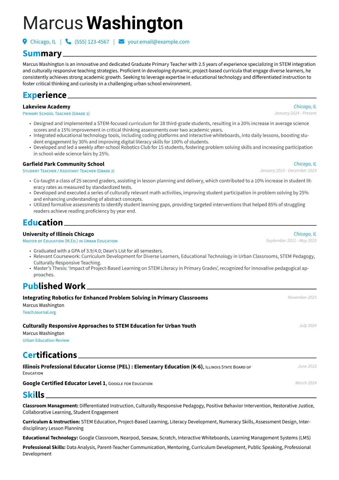 Graduate Primary Teacher resume example, STEM Integration, page 1