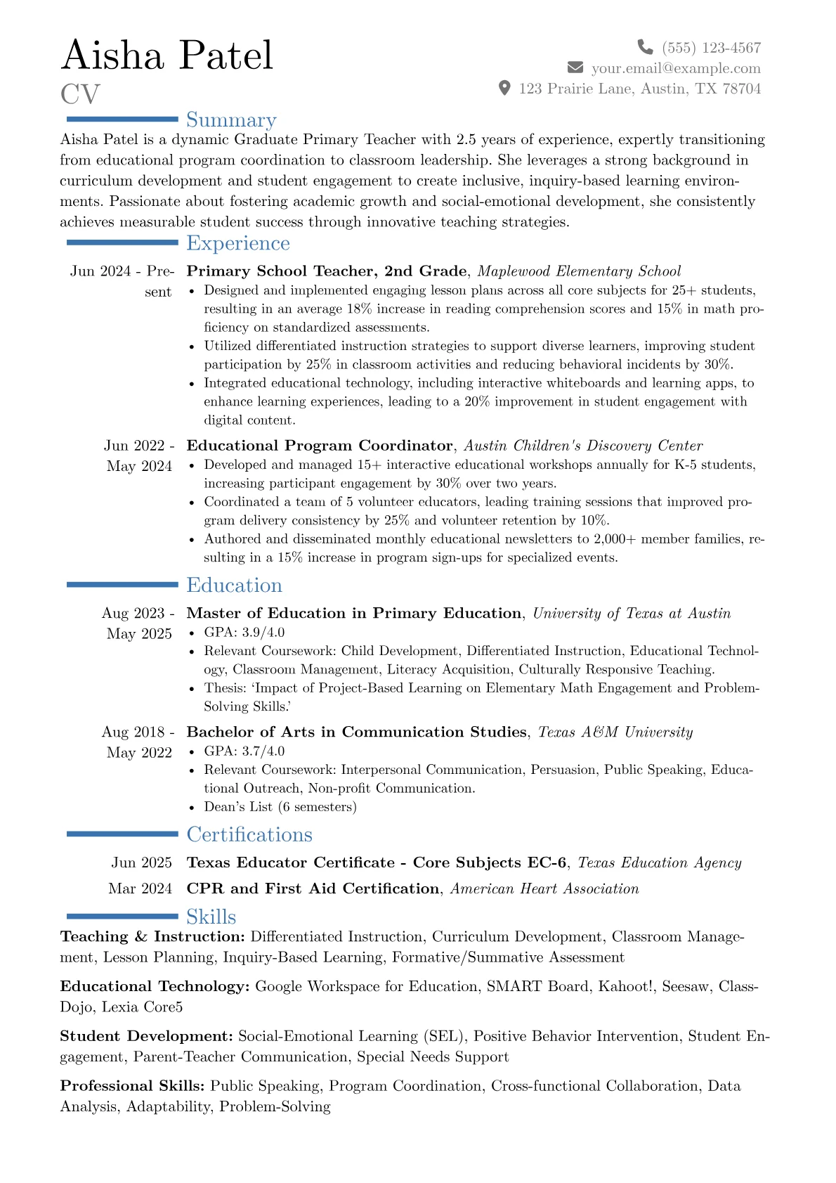 Graduate Primary Teacher resume example, Career changer, page 1