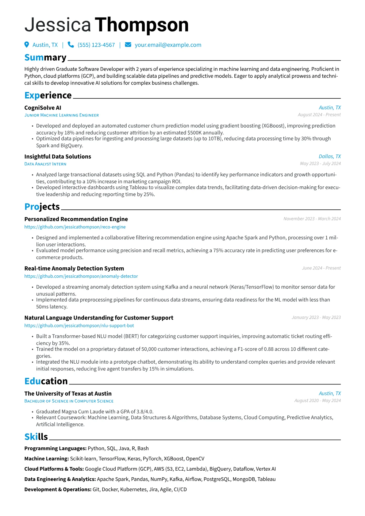 Graduate Software Developer resume example, AI/ML & Data Engineering, page 1