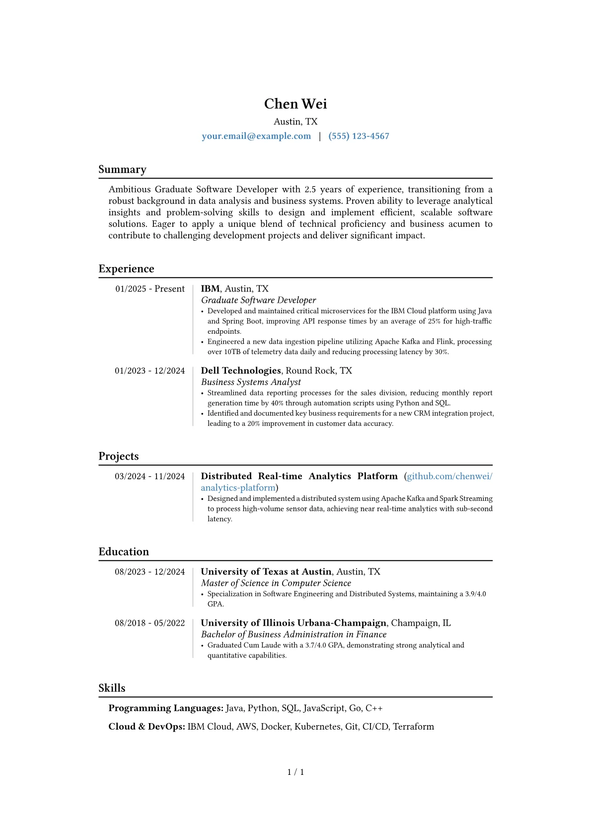 Graduate Software Developer resume example, Career changer, page 1