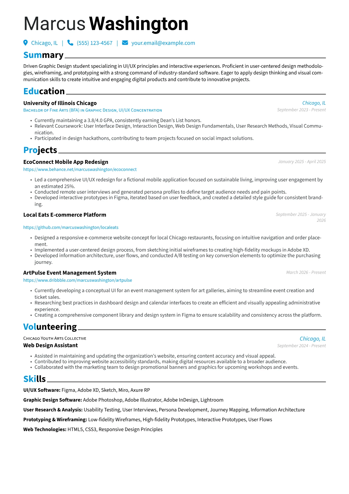 Graphic Design Student resume example, UI/UX Software, page 1