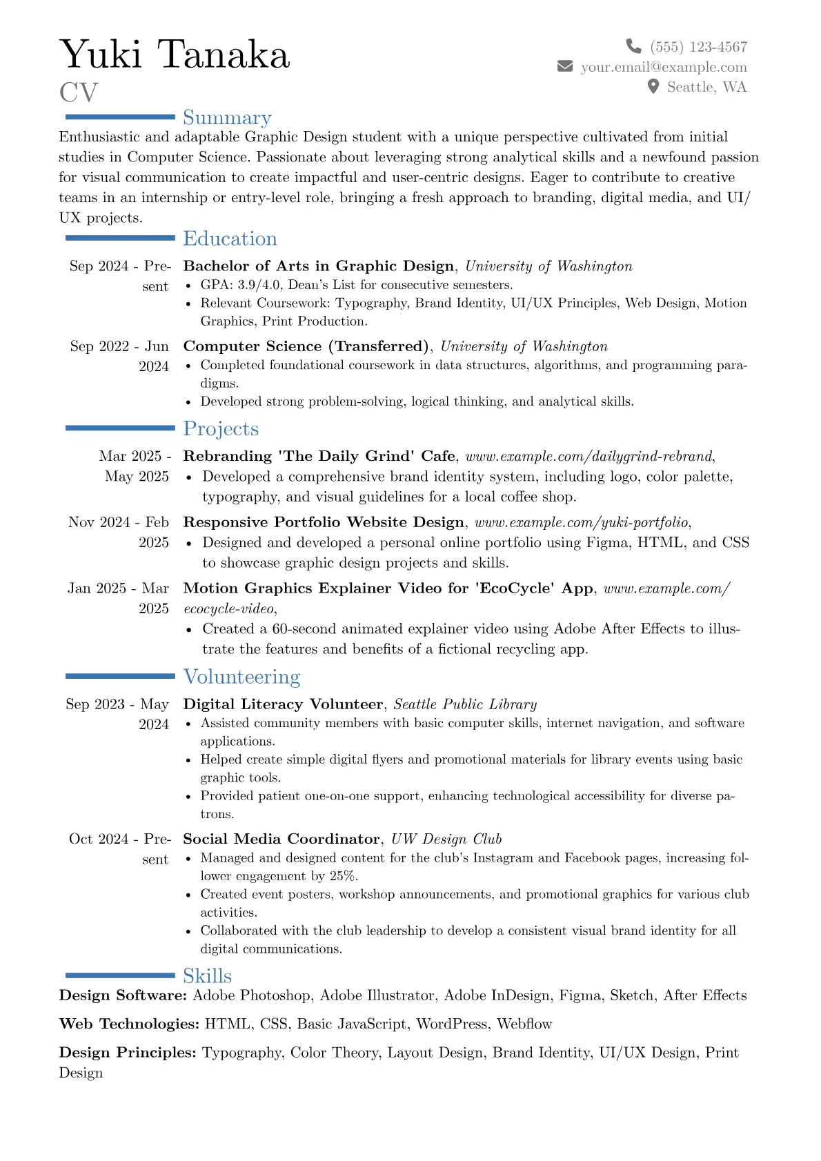 Graphic Design Student resume example, Career changer, page 1