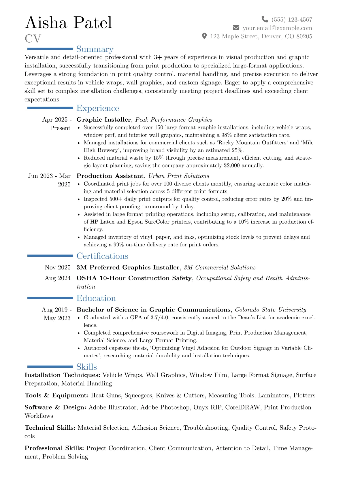 Graphic Installer resume example, Career changer, page 1