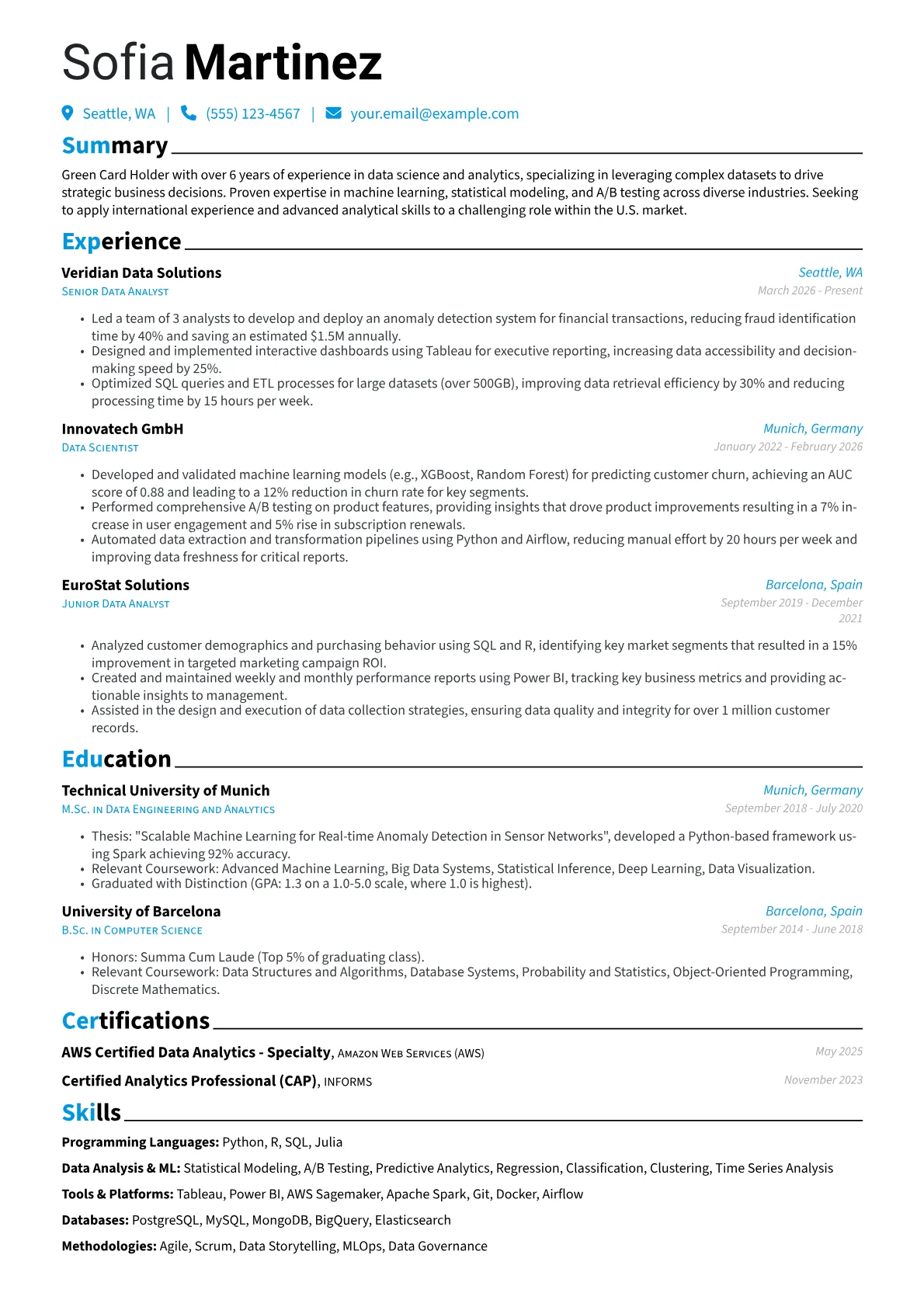 Green Card Holder resume example, Green Card Holder - Data, page 1