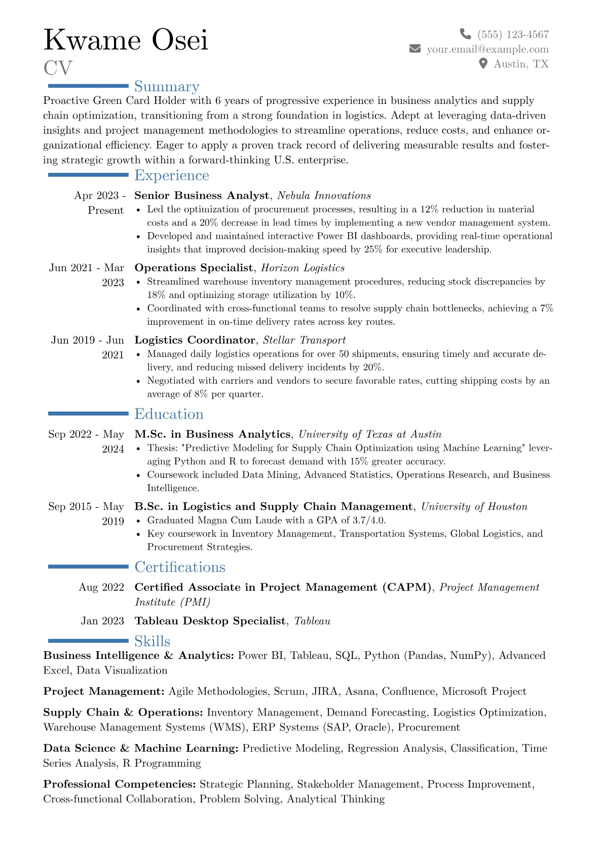Green Card Holder resume example, Career changer, page 1