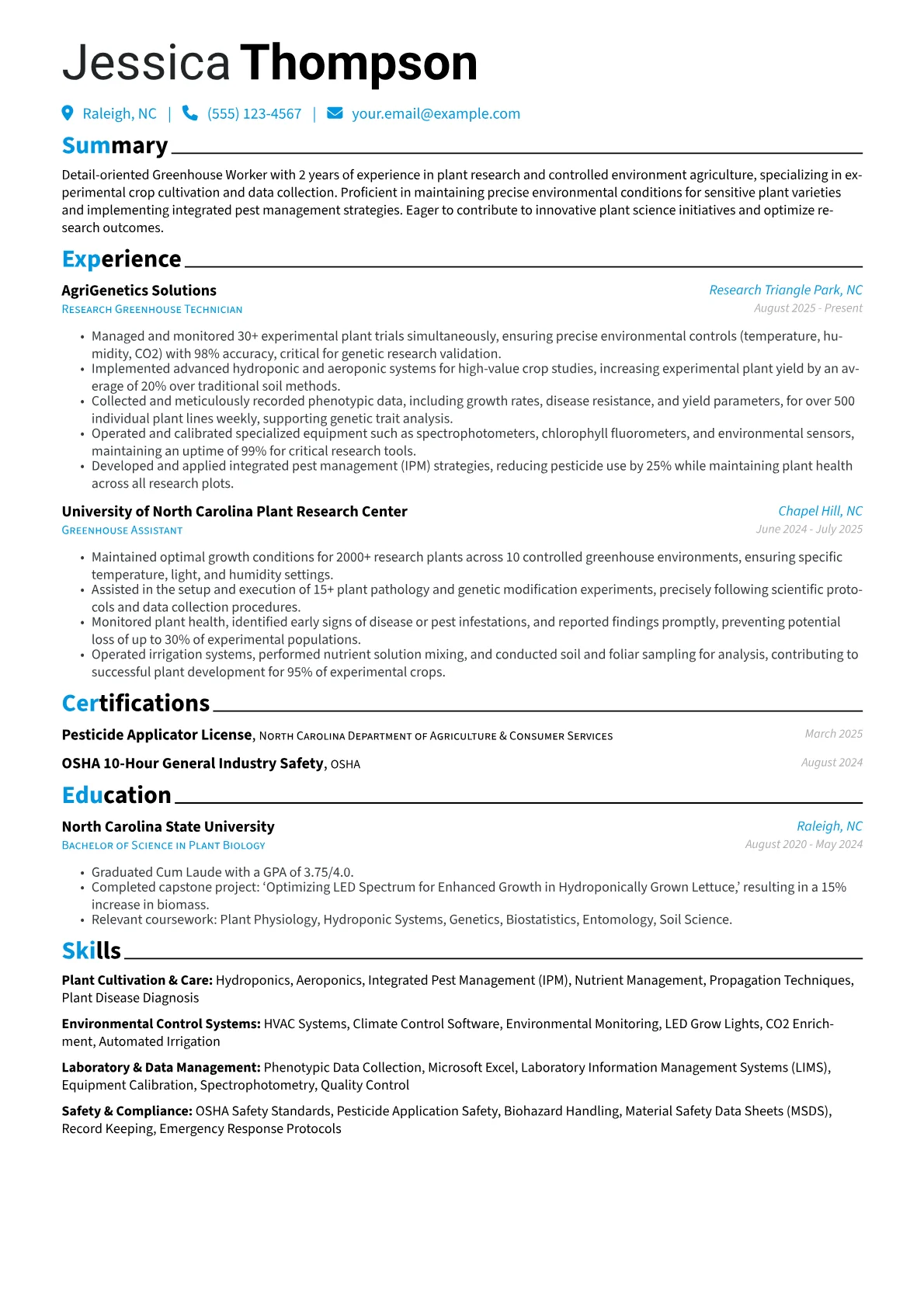 Greenhouse Worker resume example, Research Greenhouse, page 1