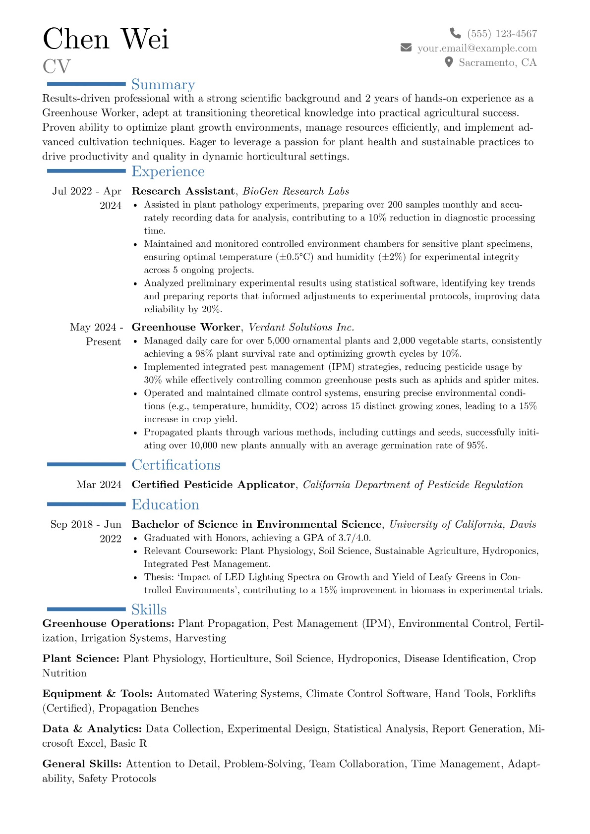 Greenhouse Worker resume example, Career changer, page 1