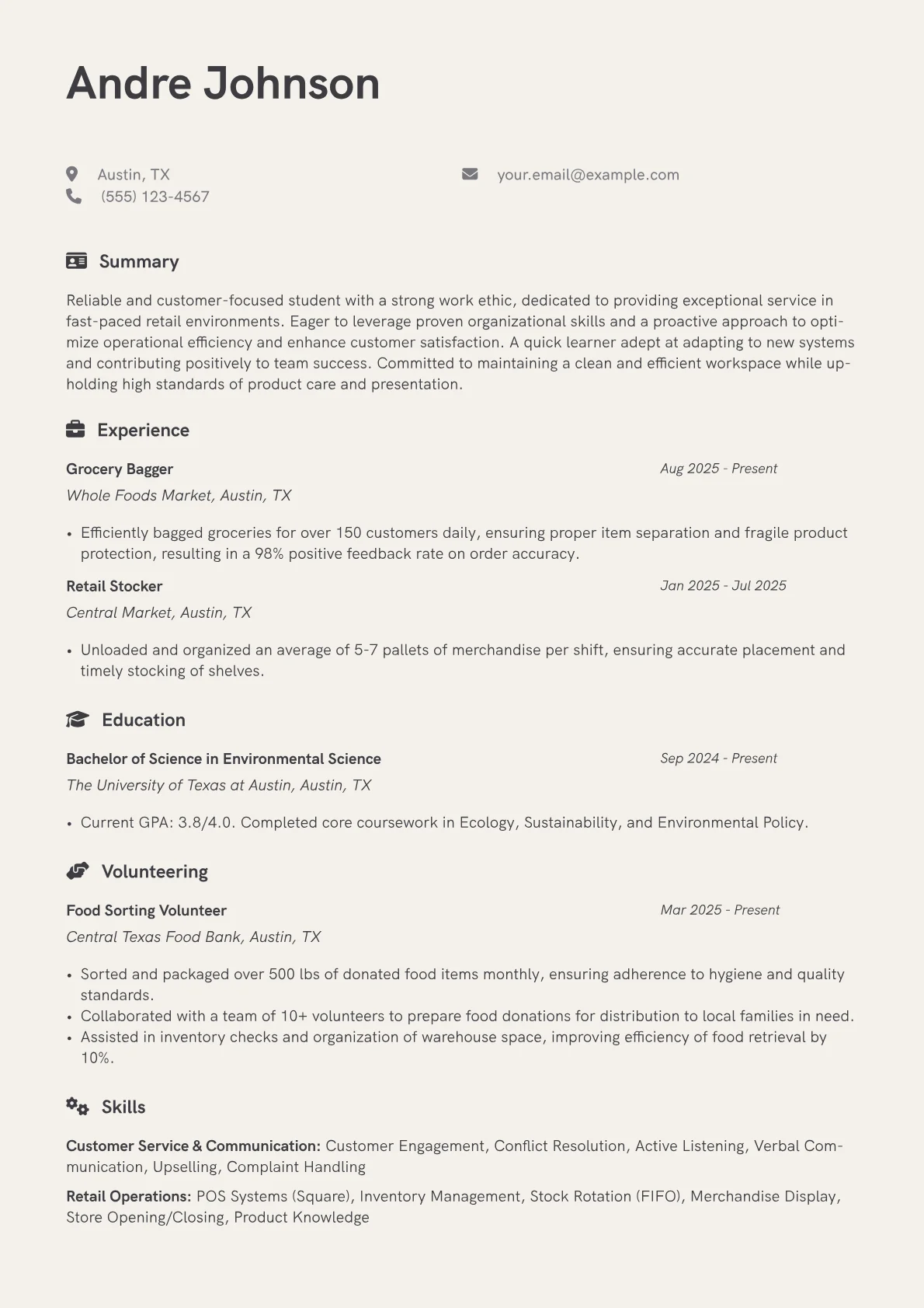 Grocery Bagger resume example, Customer Service, page 1