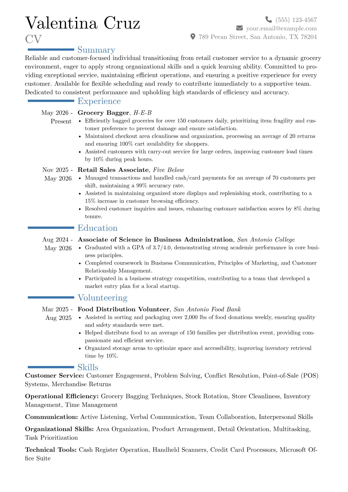 Grocery Bagger resume example, Career changer, page 1