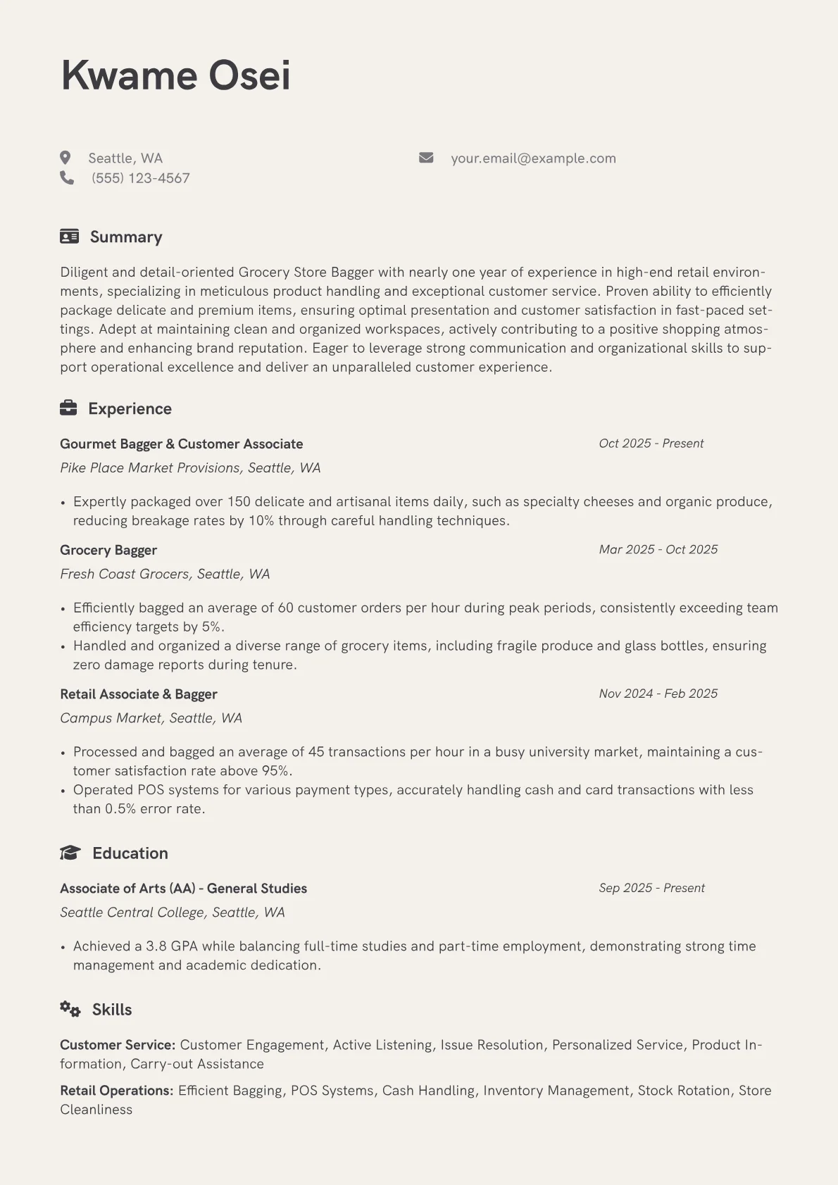 Grocery Store Bagger resume example, Grocery Store Bagger, page 1