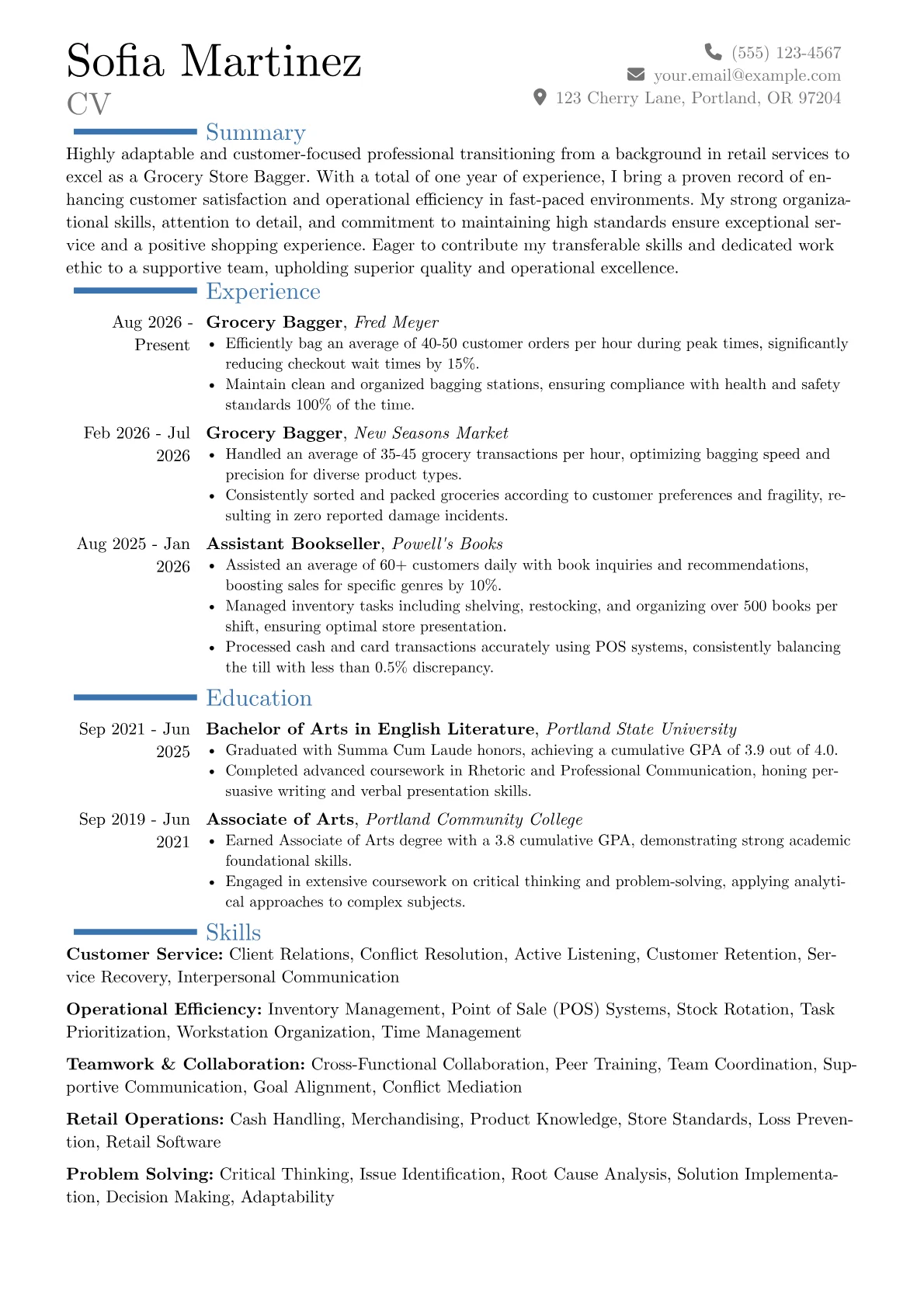 Grocery Store Bagger resume example, Career changer, page 1