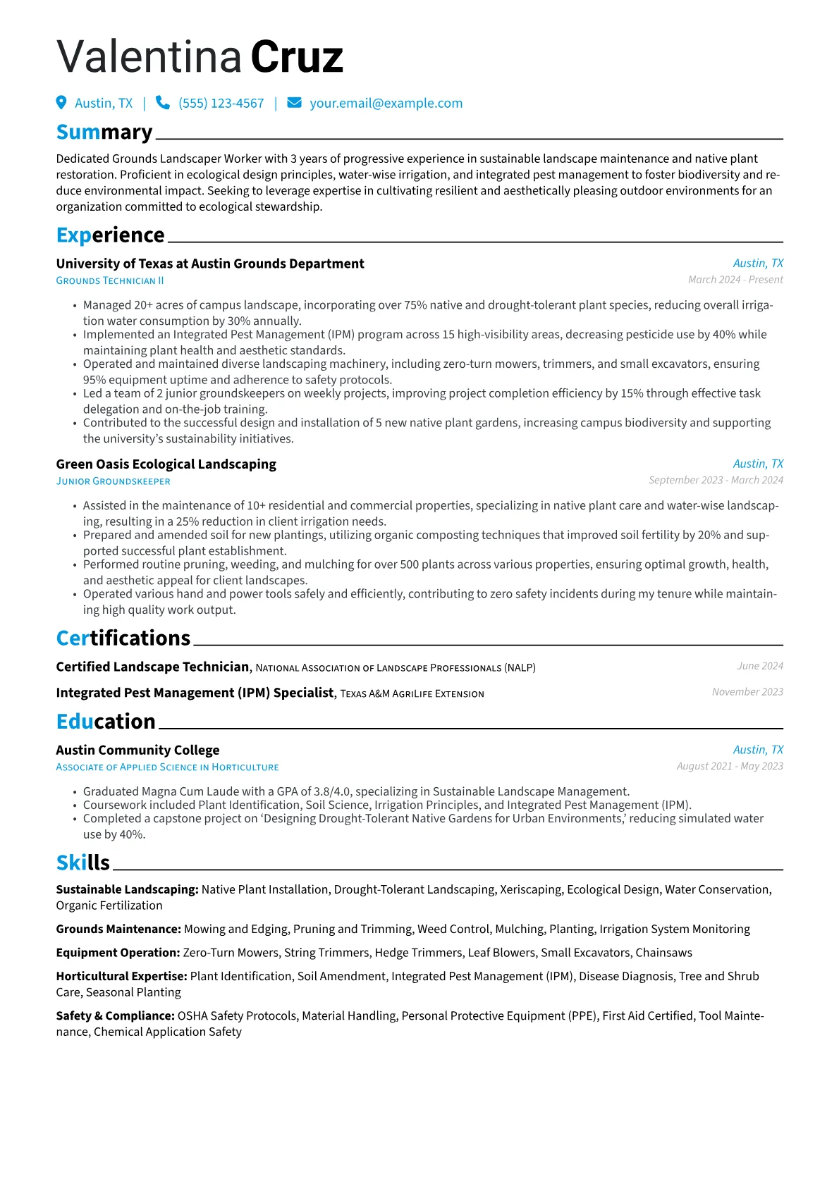 Grounds Landscaper Worker resume example, Sustainable Landscaping, page 1