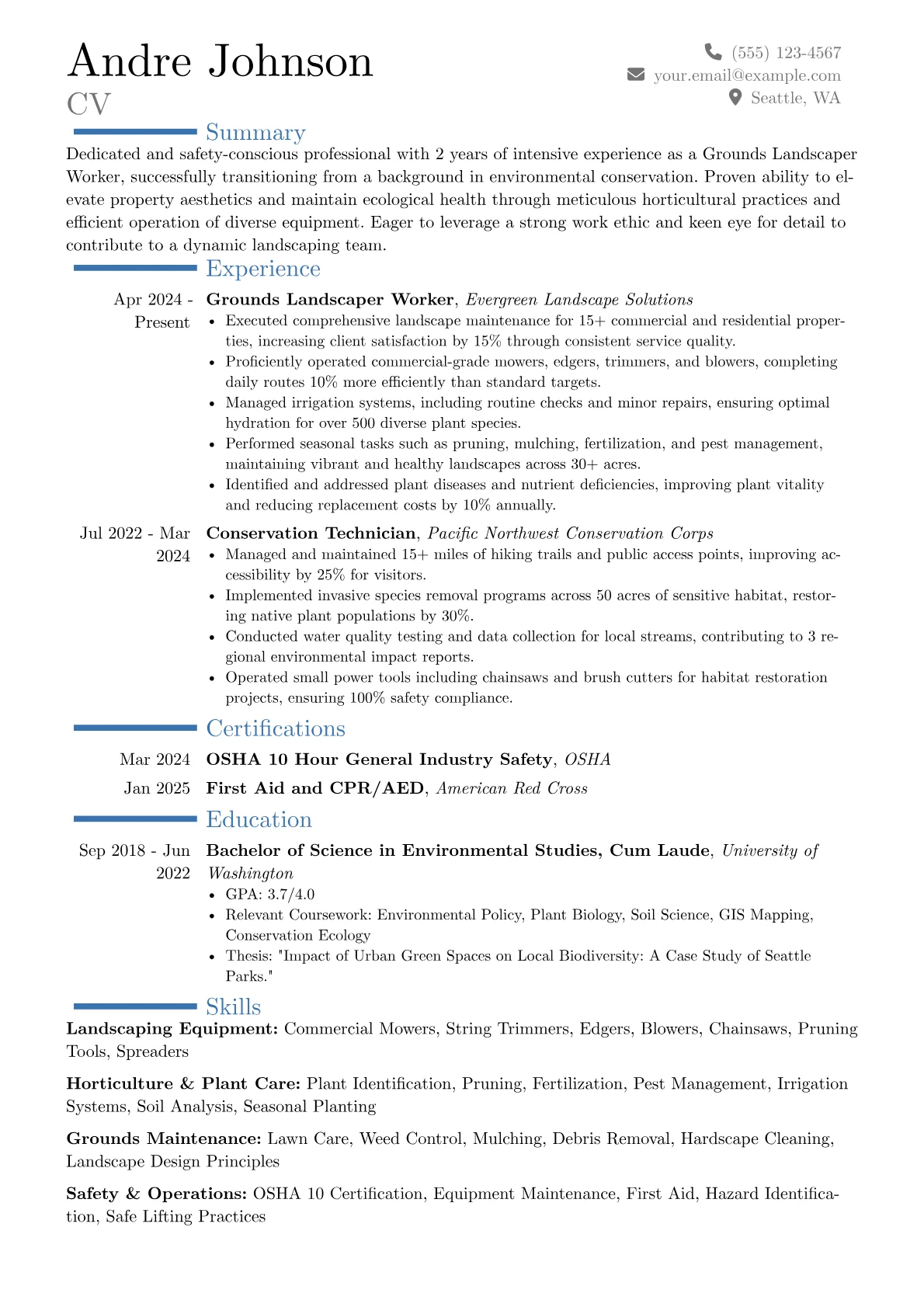 Grounds Landscaper Worker resume example, Career changer, page 1
