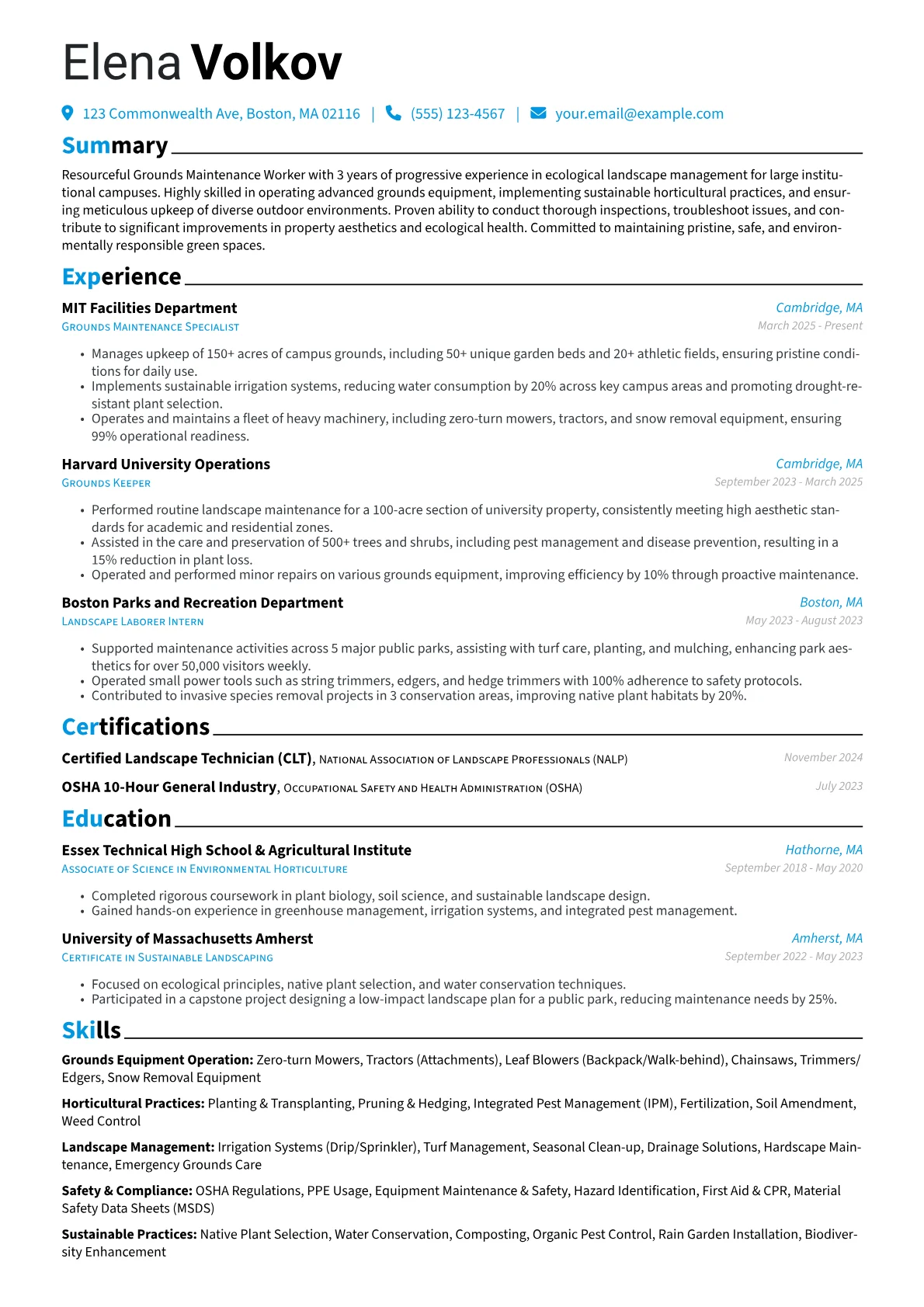 Grounds Maintenance Worker resume example, Ecological Campus Grounds, page 1