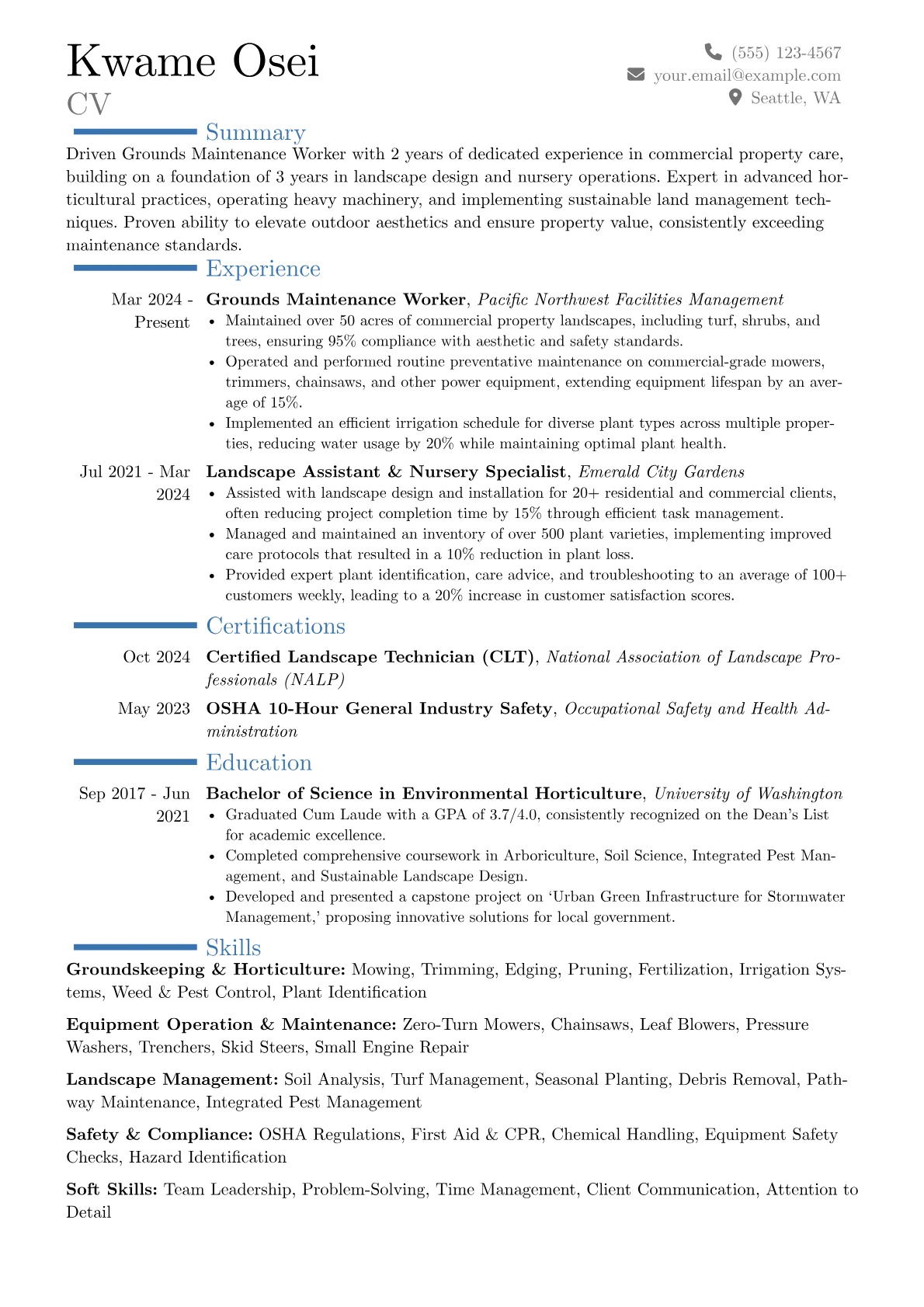 Grounds Maintenance Worker resume example, Career changer, page 1