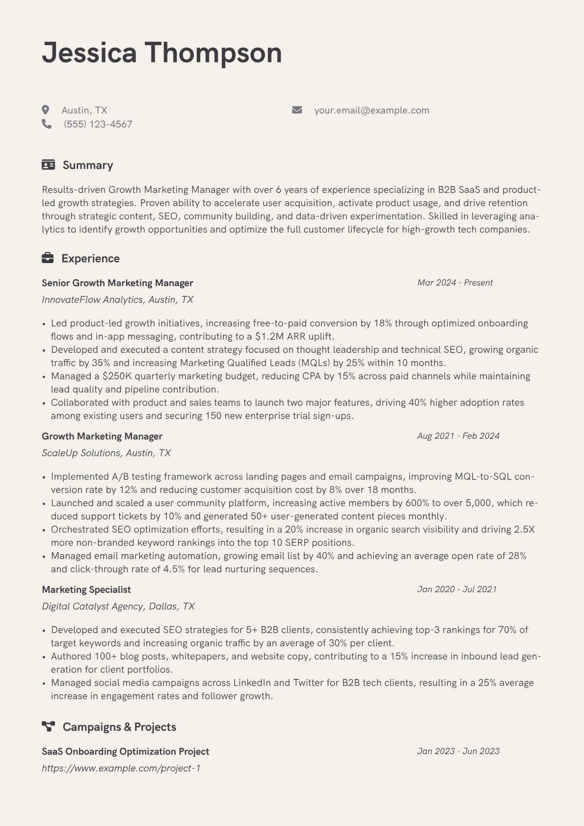 Growth Marketing Manager resume example, Growth Marketing Manager, page 1