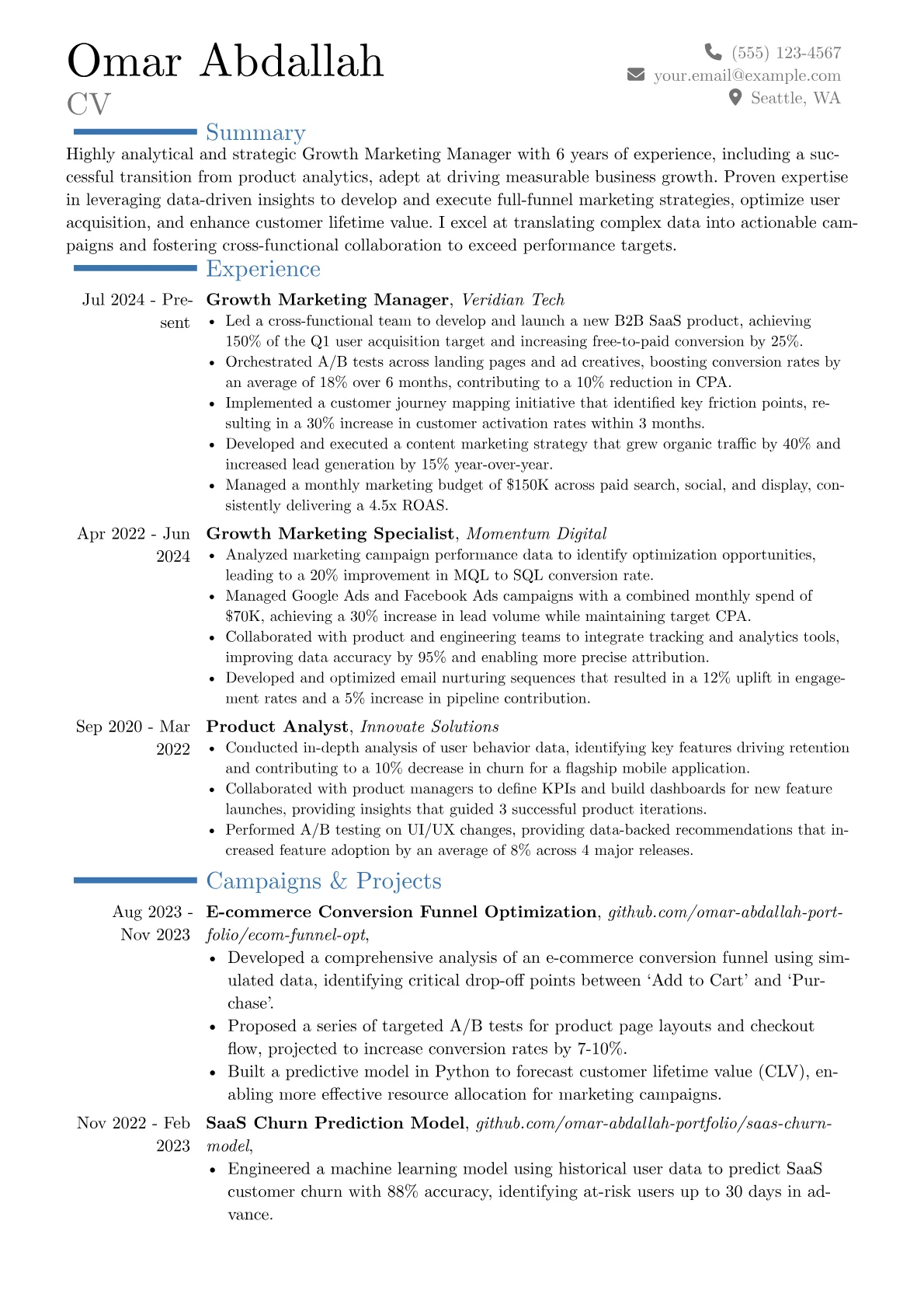 Growth Marketing Manager resume example, Career changer, page 1