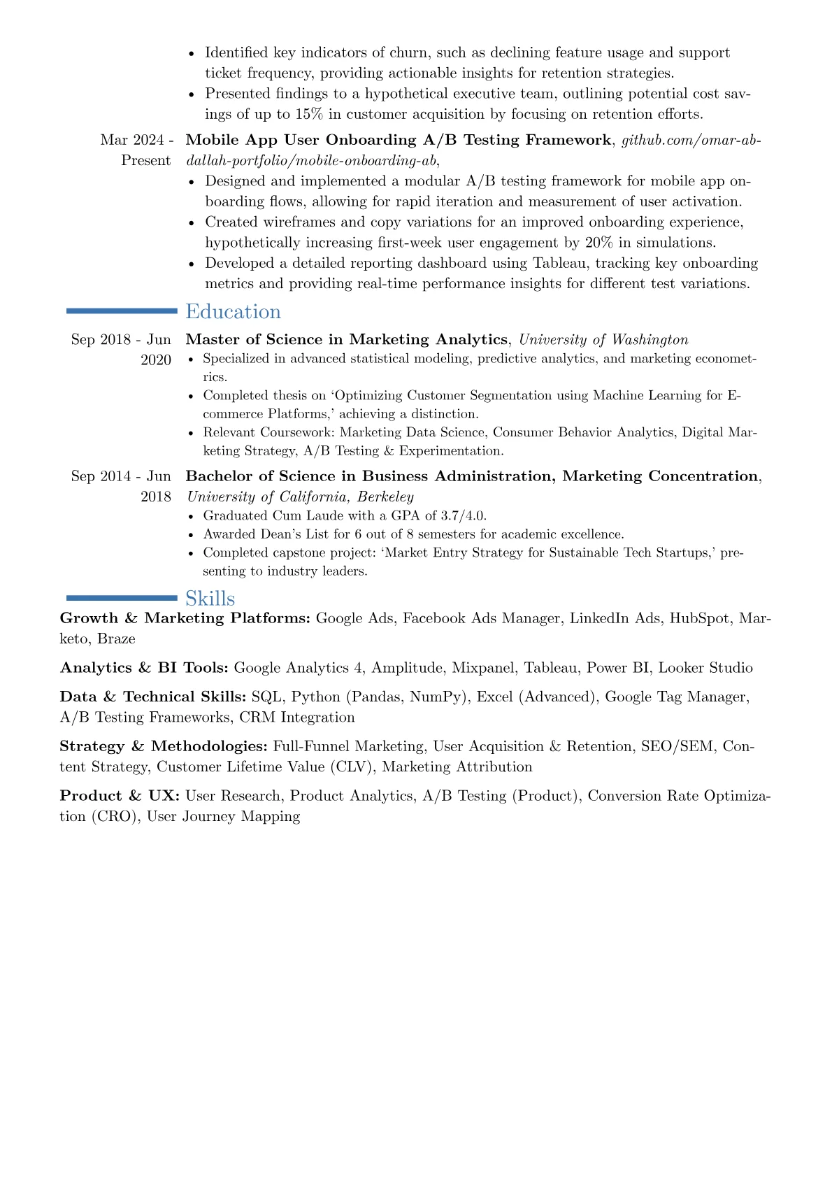 Growth Marketing Manager resume example, Career changer, page 2
