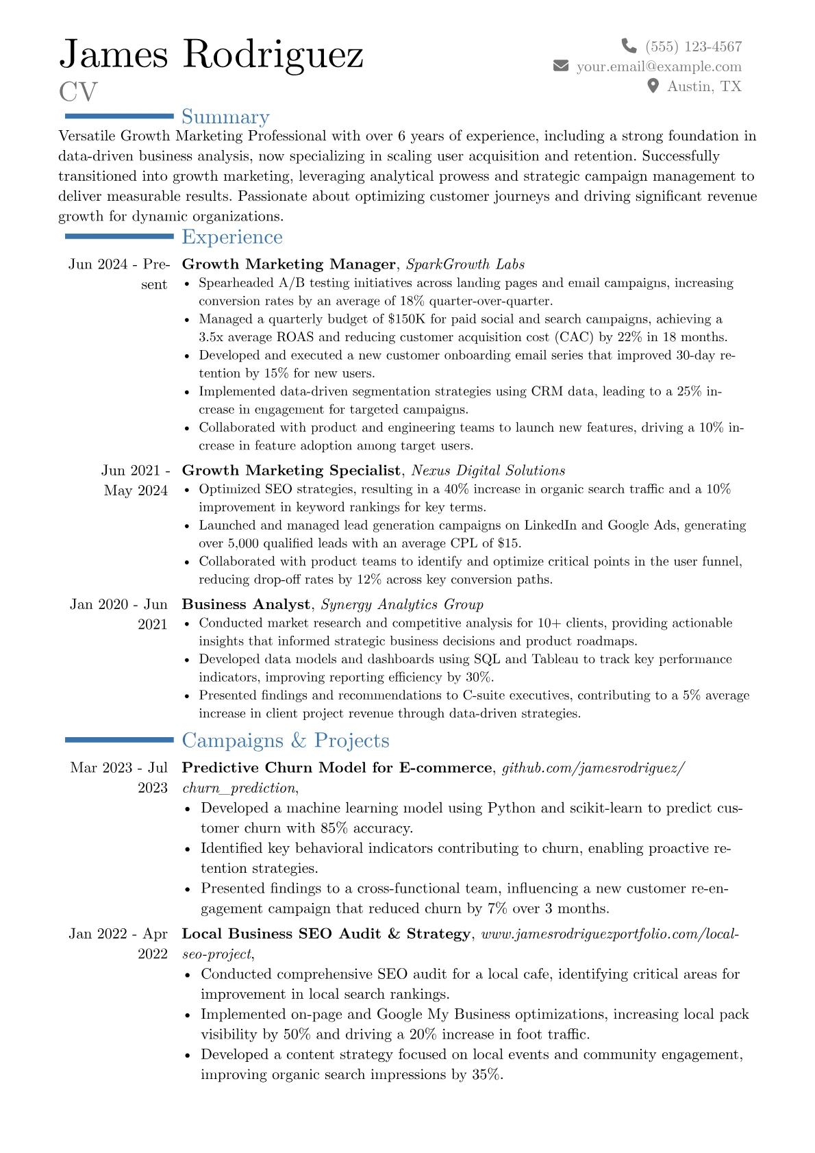 Growth Marketing Professional resume example, Career changer, page 1