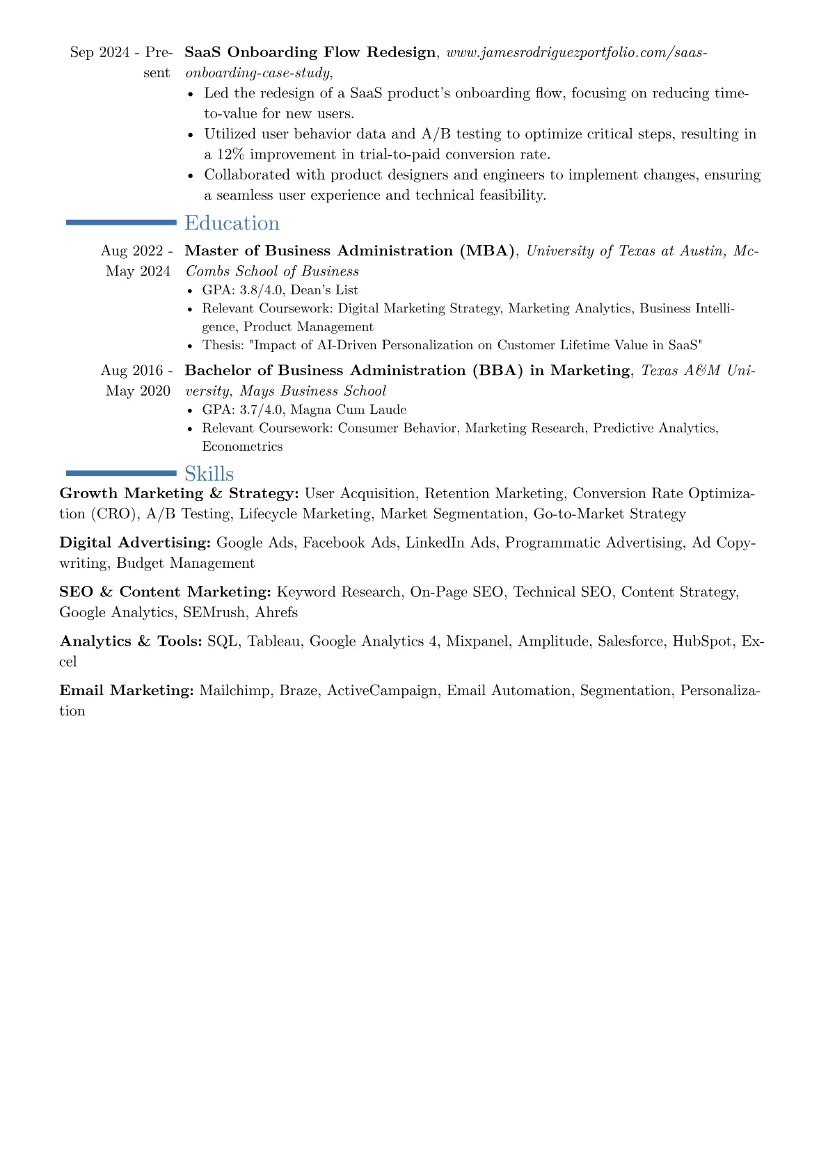 Growth Marketing Professional resume example, Career changer, page 2