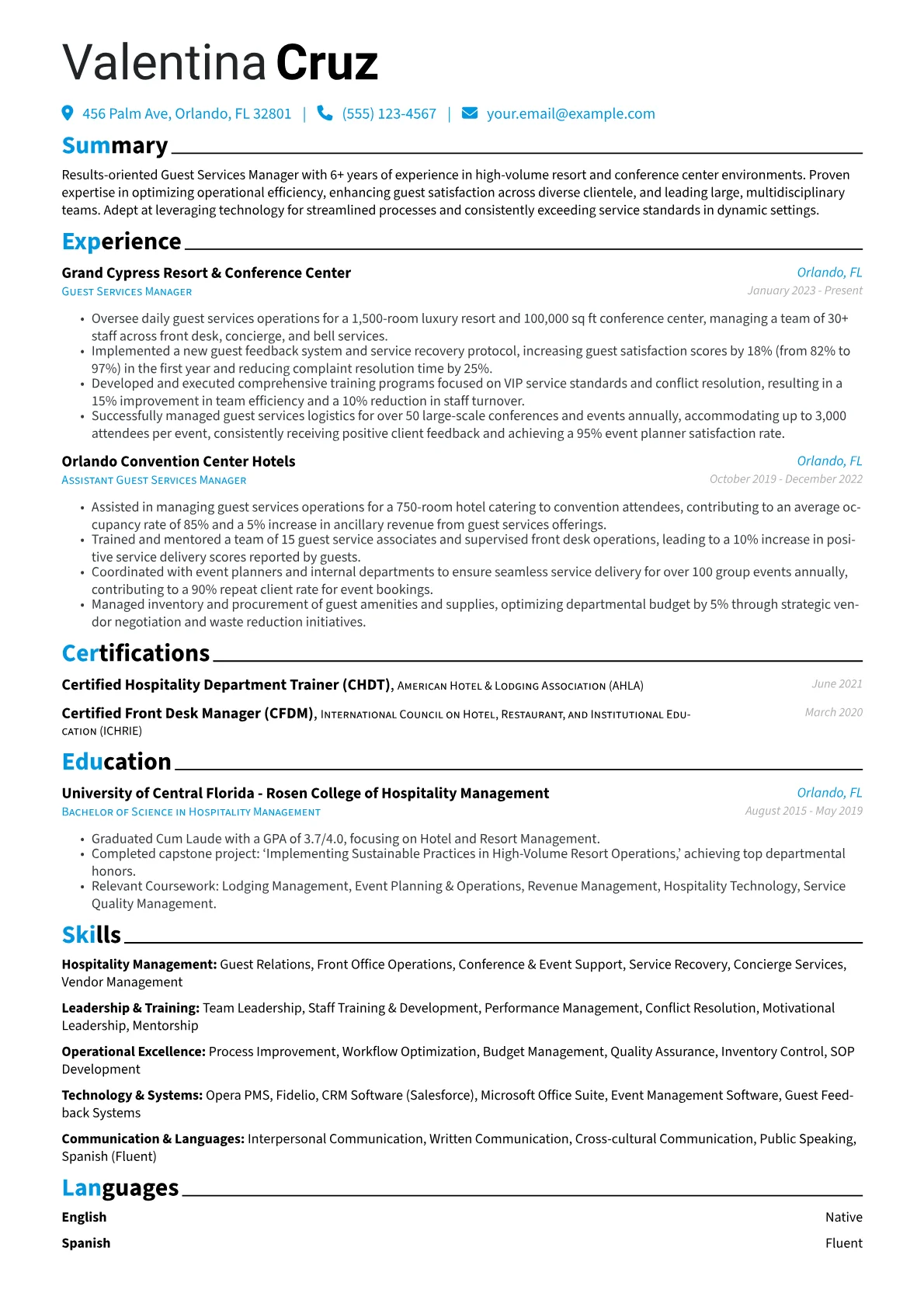 Guest Services Manager resume example, Guest Services Manager, page 1
