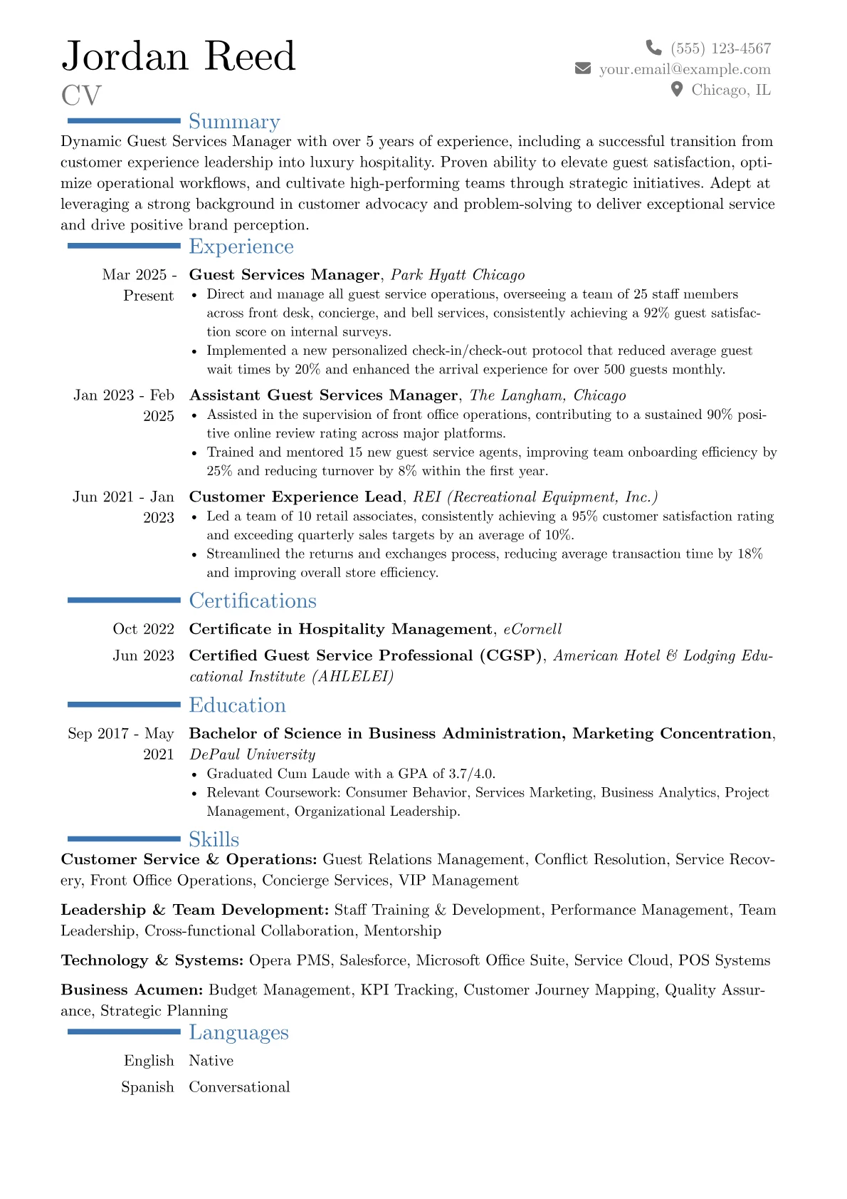 Guest Services Manager resume example, Career changer, page 1