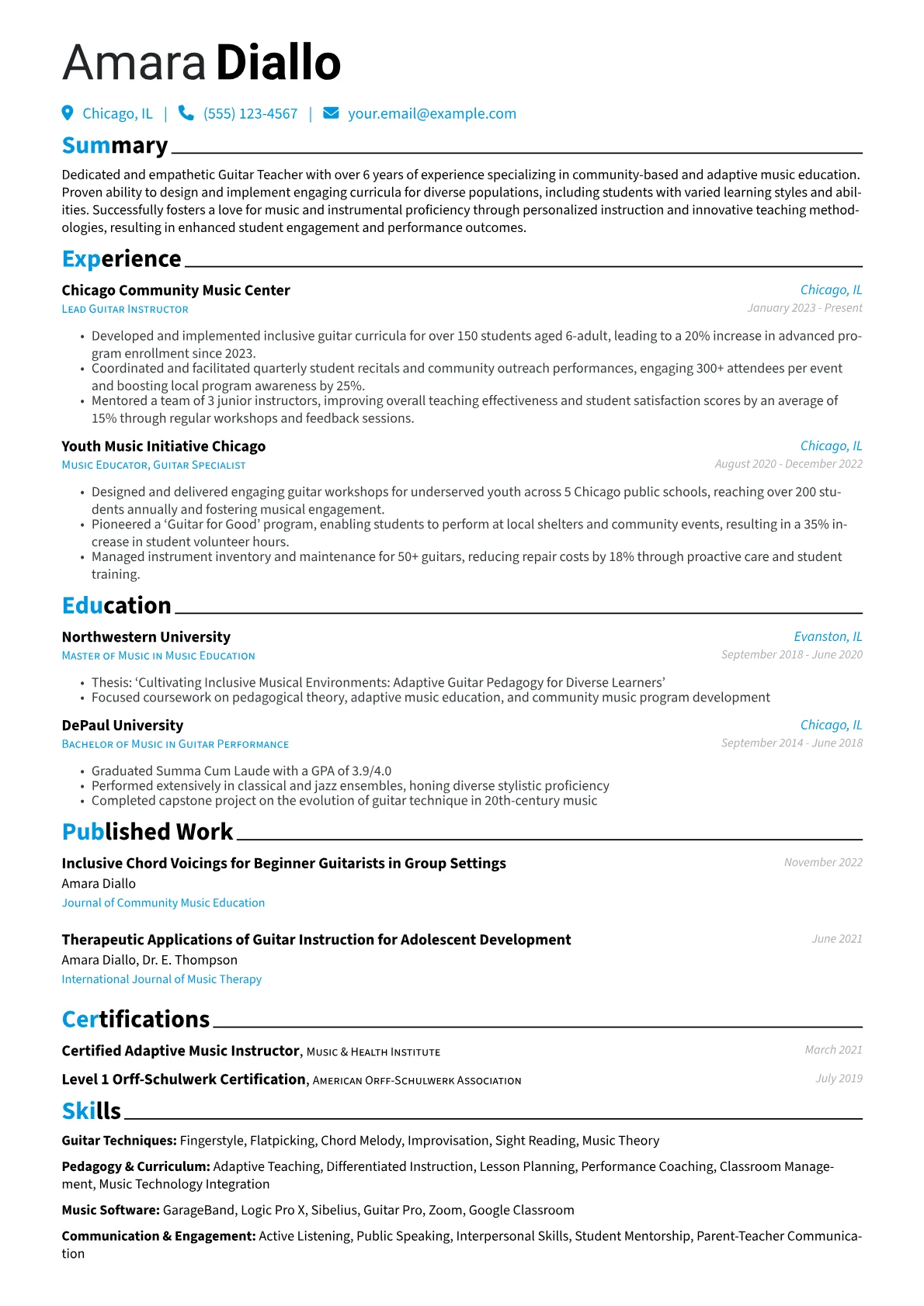 Guitar Teacher resume example, Community & Adaptive Music, page 1