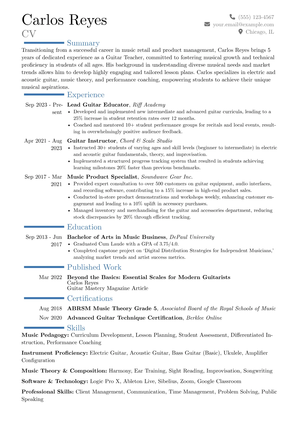 Guitar Teacher resume example, Career changer, page 1