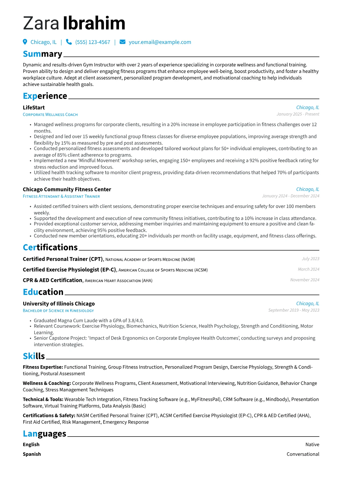 Gym Instructor resume example, Corporate Wellness, page 1