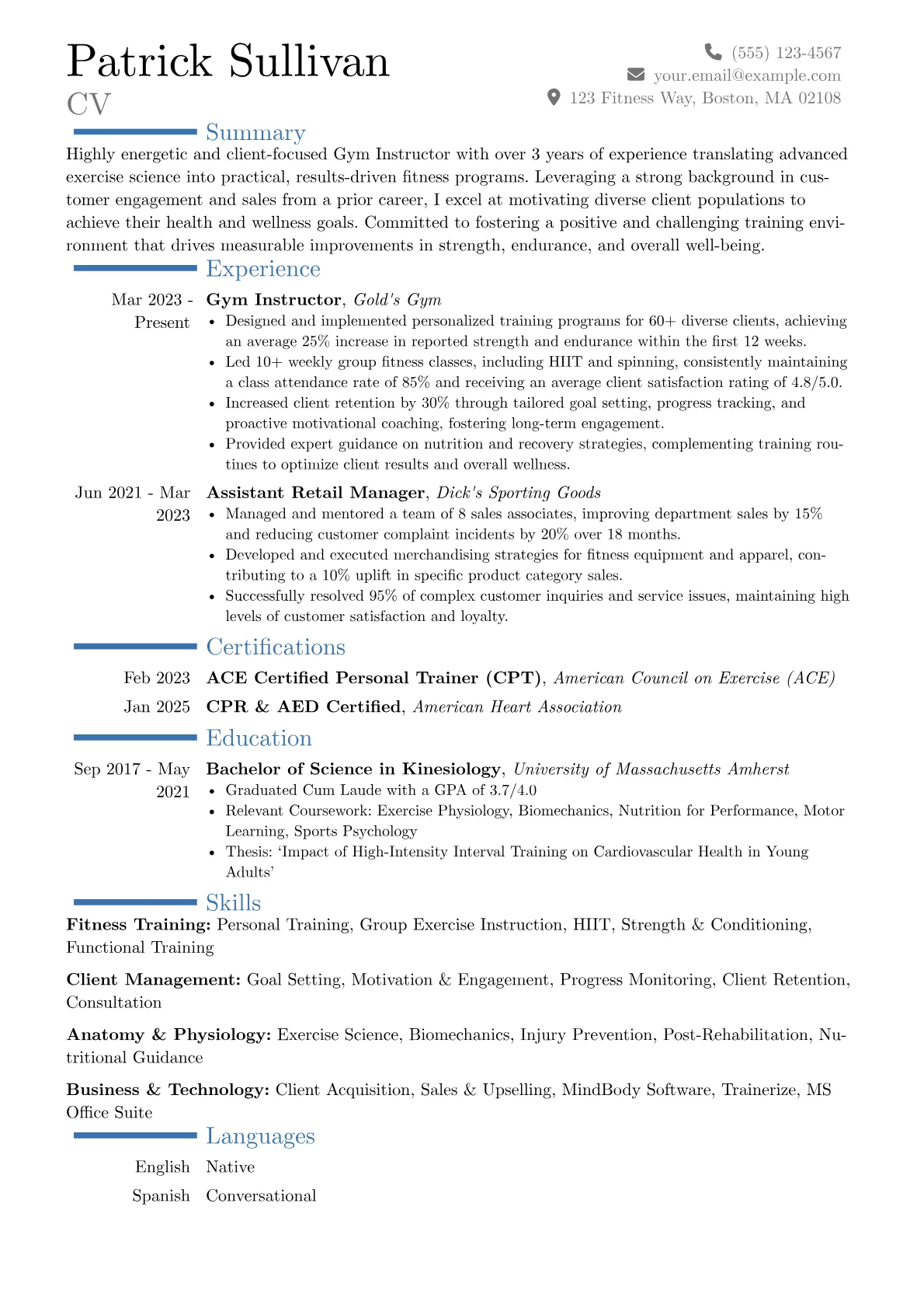 Gym Instructor resume example, Career changer, page 1