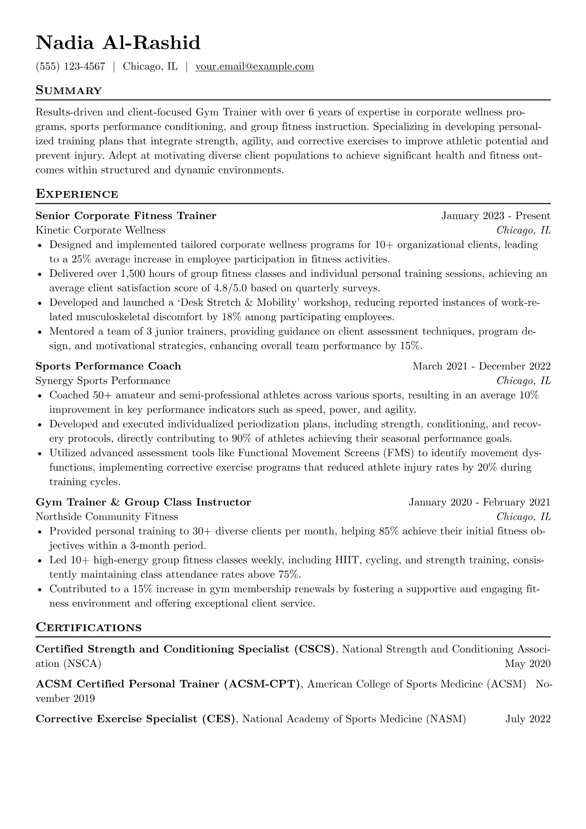 Gym Trainer resume example, Corporate & Sports, page 1