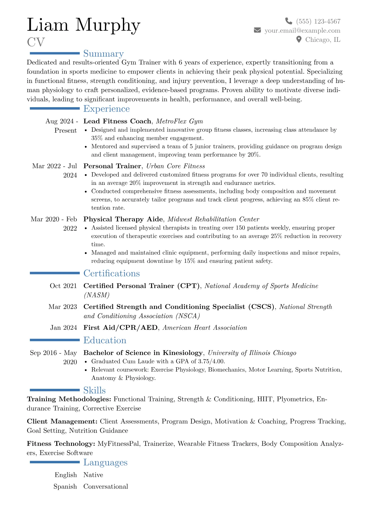 Gym Trainer resume example, Career changer, page 1
