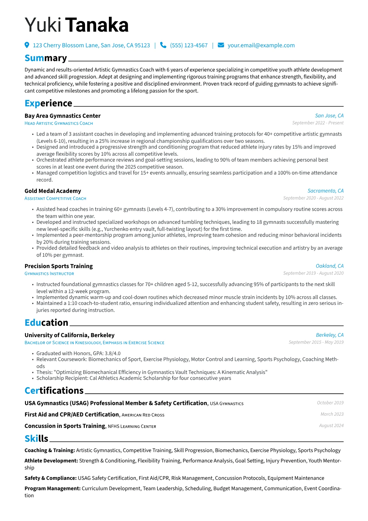 Gymnastics Instructor resume example, Coaching & Training, page 1