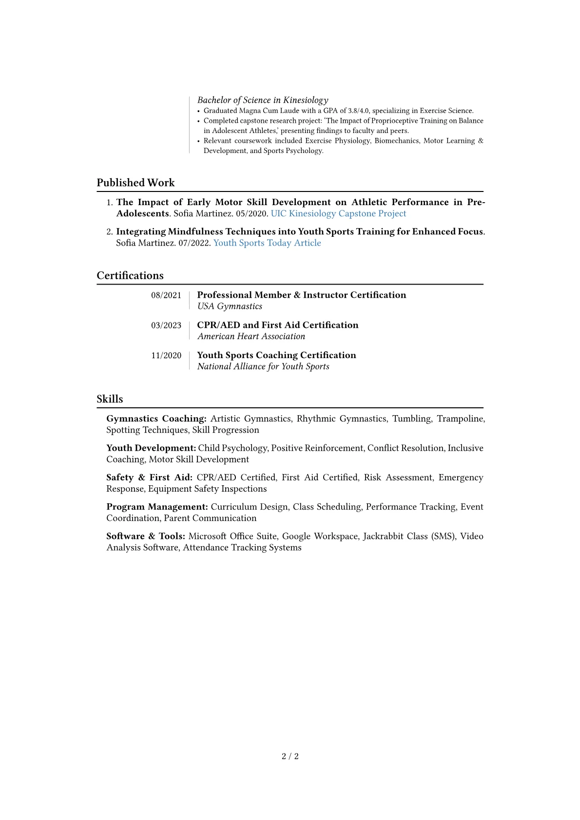 Gymnastics Instructor resume example, Career changer, page 2