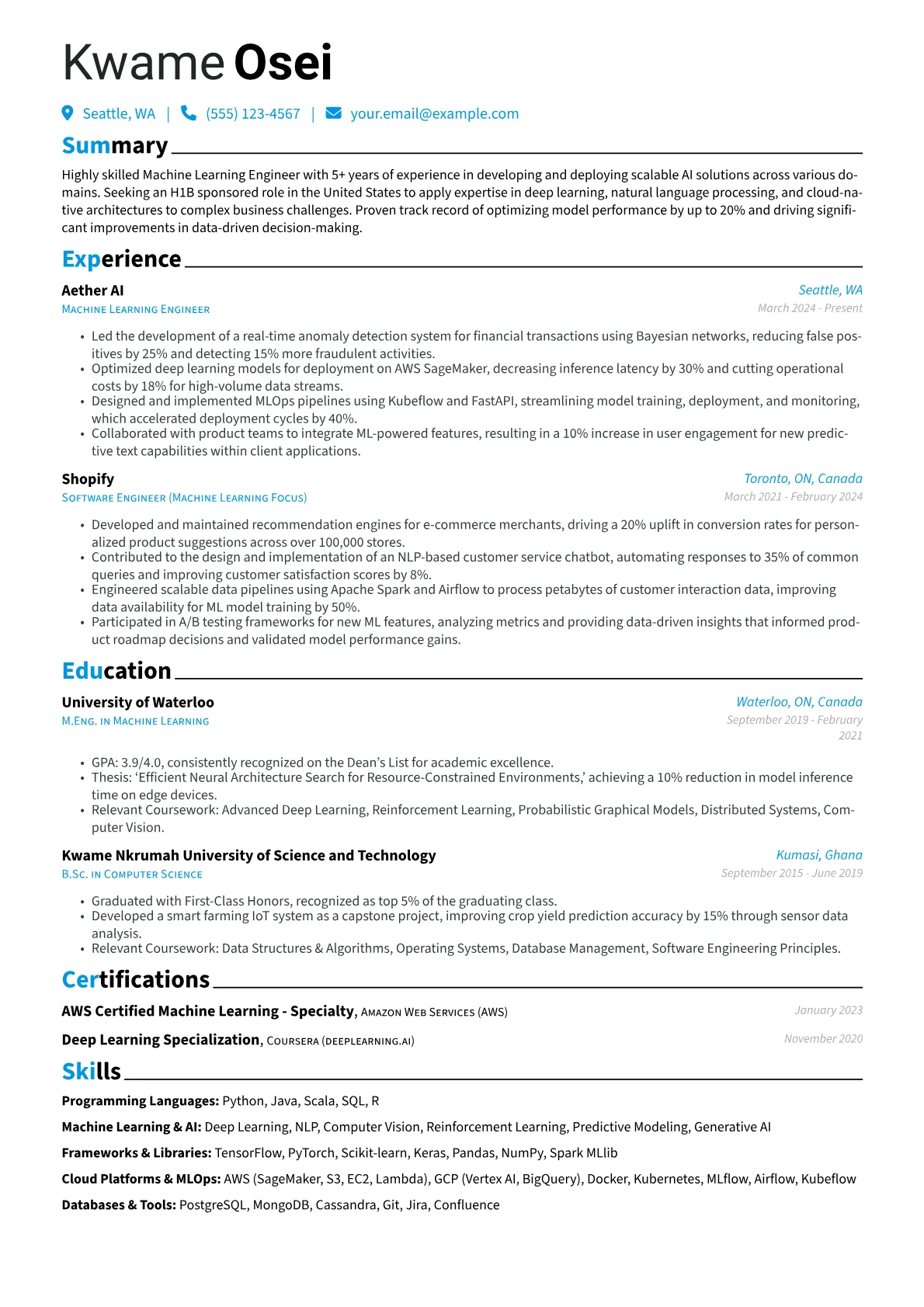 H1B Applicant resume example, H1B Applicant - ML, page 1