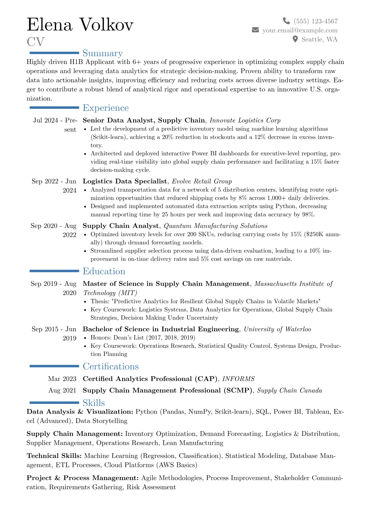 H1B Applicant resume example, Career changer, page 1