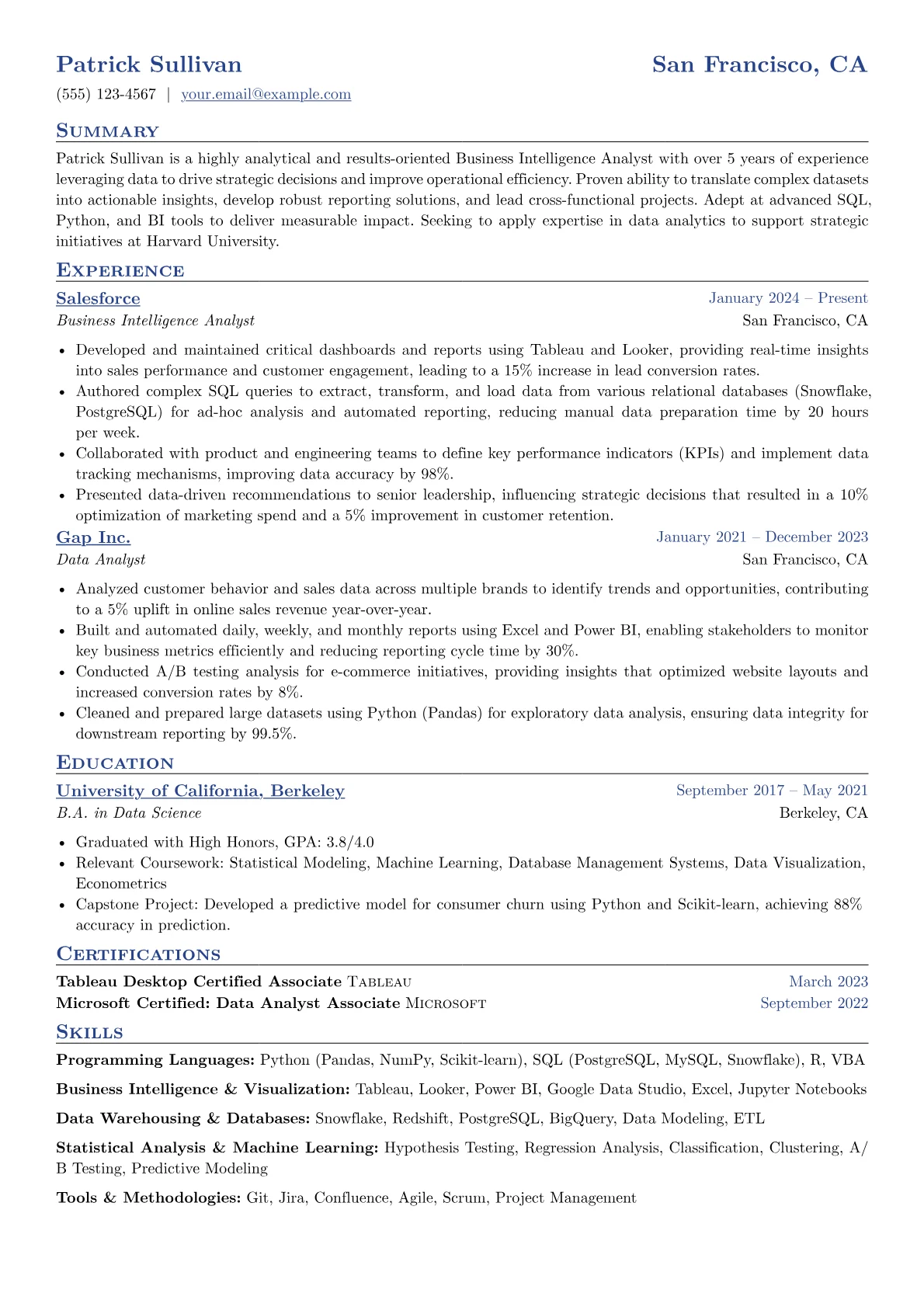 Harvard resume example, Data Analyst / Business, page 1