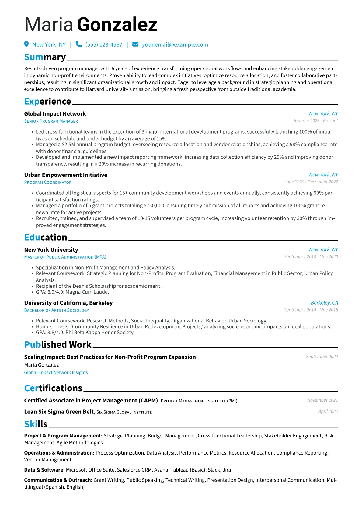 Harvard resume example, Career changer, page 1