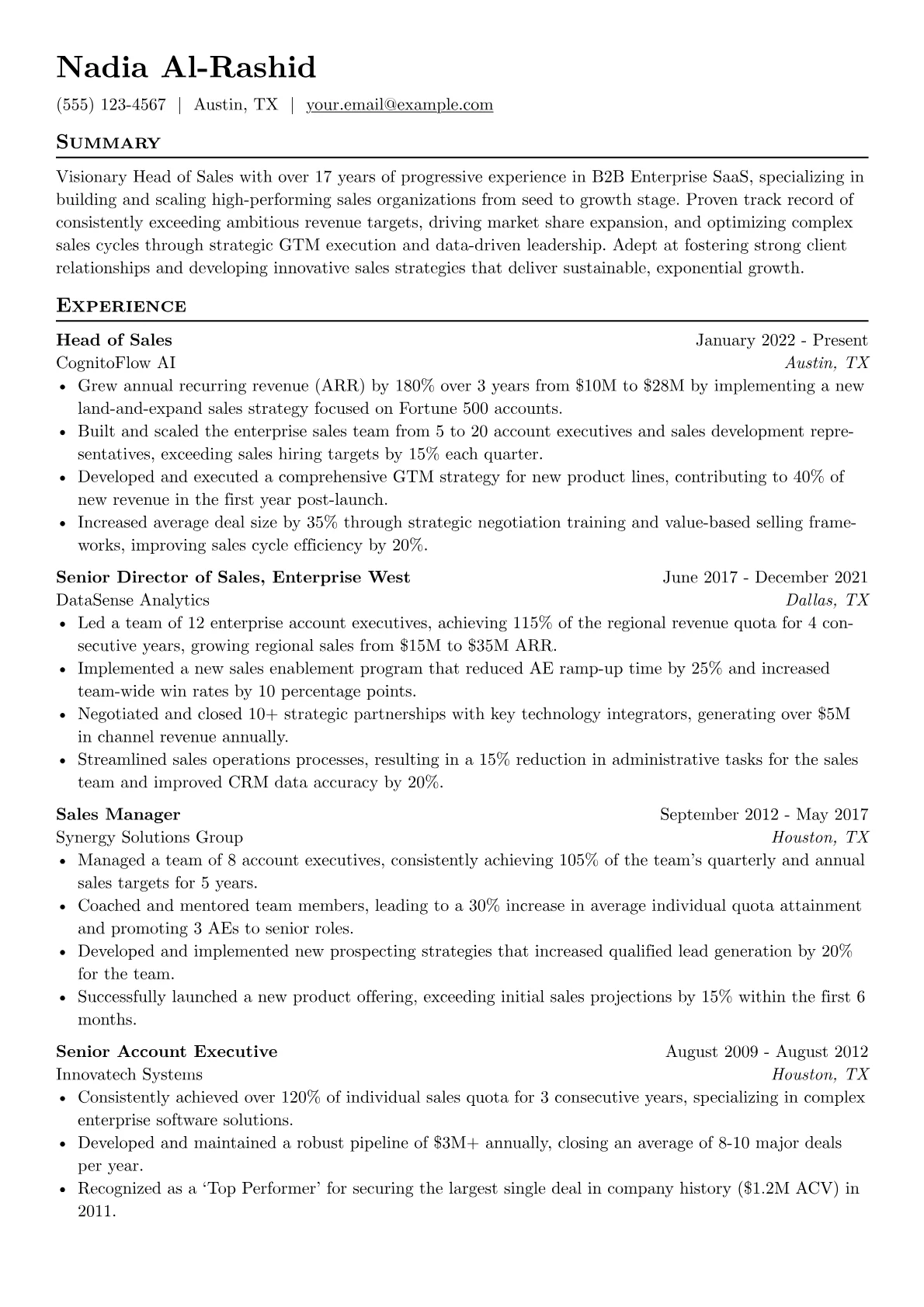 Head of Sales resume example, Sales Leadership, page 1