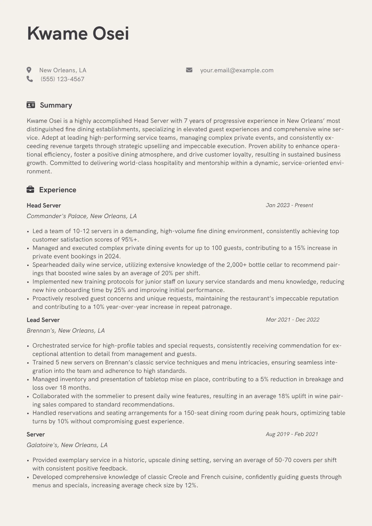 Head Server resume example, Head Server - Fine Dining, page 1