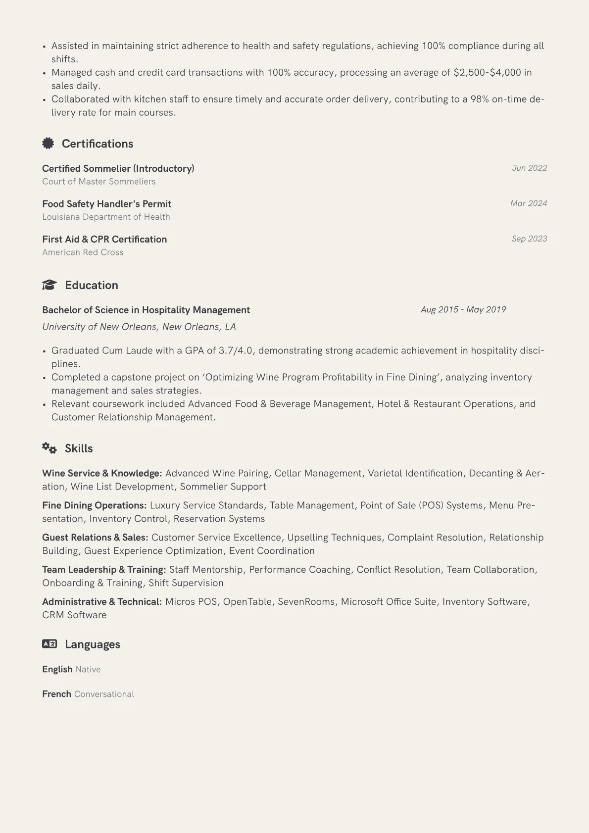Head Server resume example, Head Server - Fine Dining, page 2