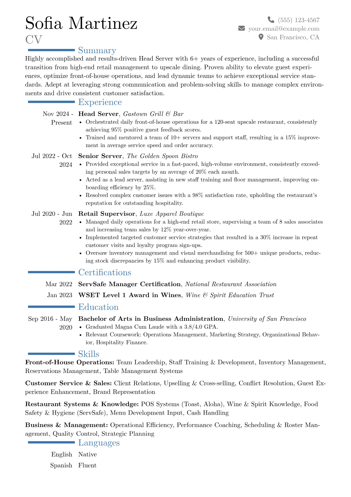 Head Server resume example, Career changer, page 1