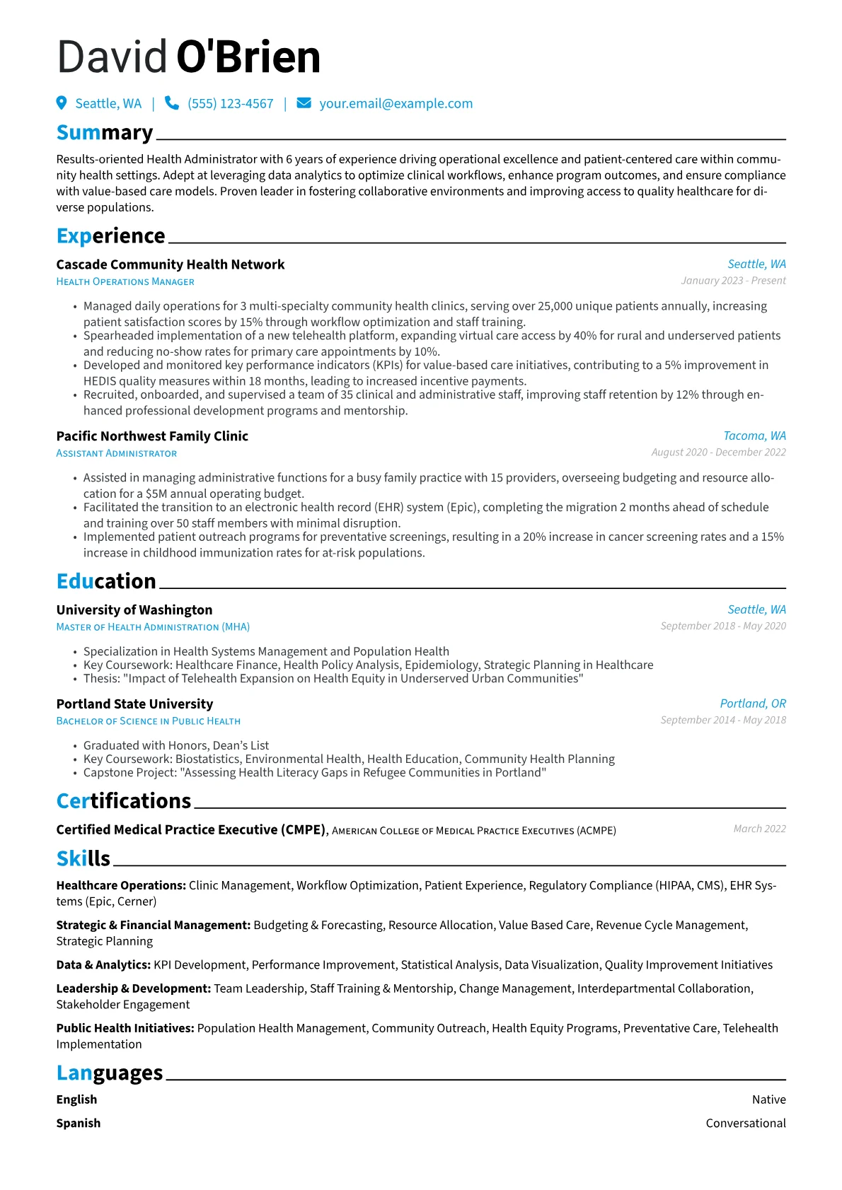 Health Administrator resume example, Health Administrator, page 1