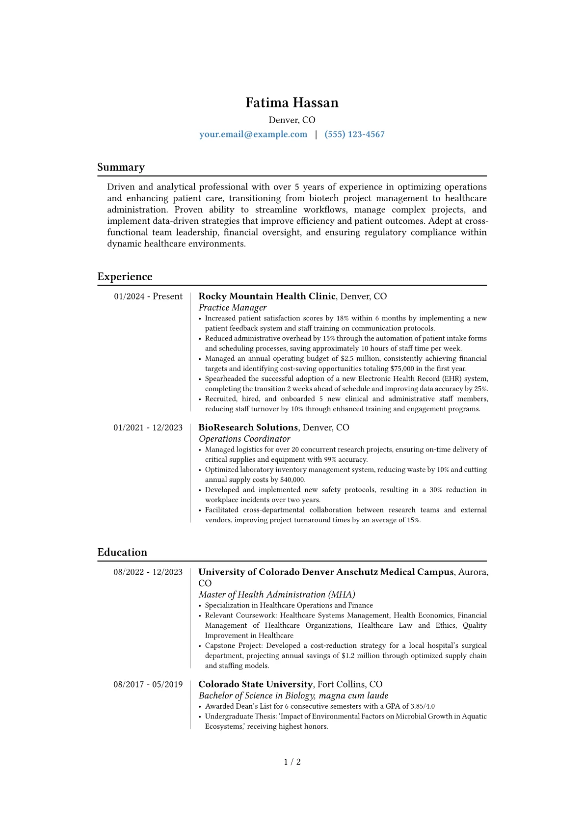 Health Administrator resume example, Career changer, page 1