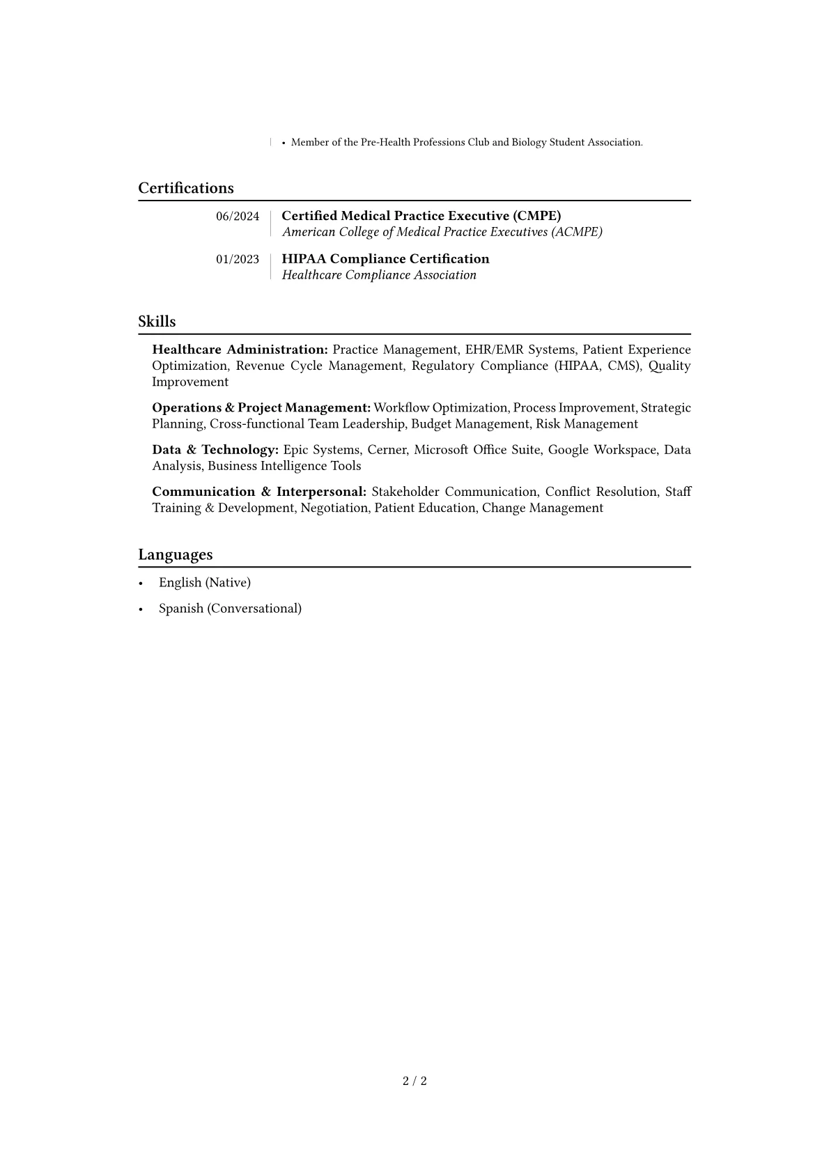 Health Administrator resume example, Career changer, page 2